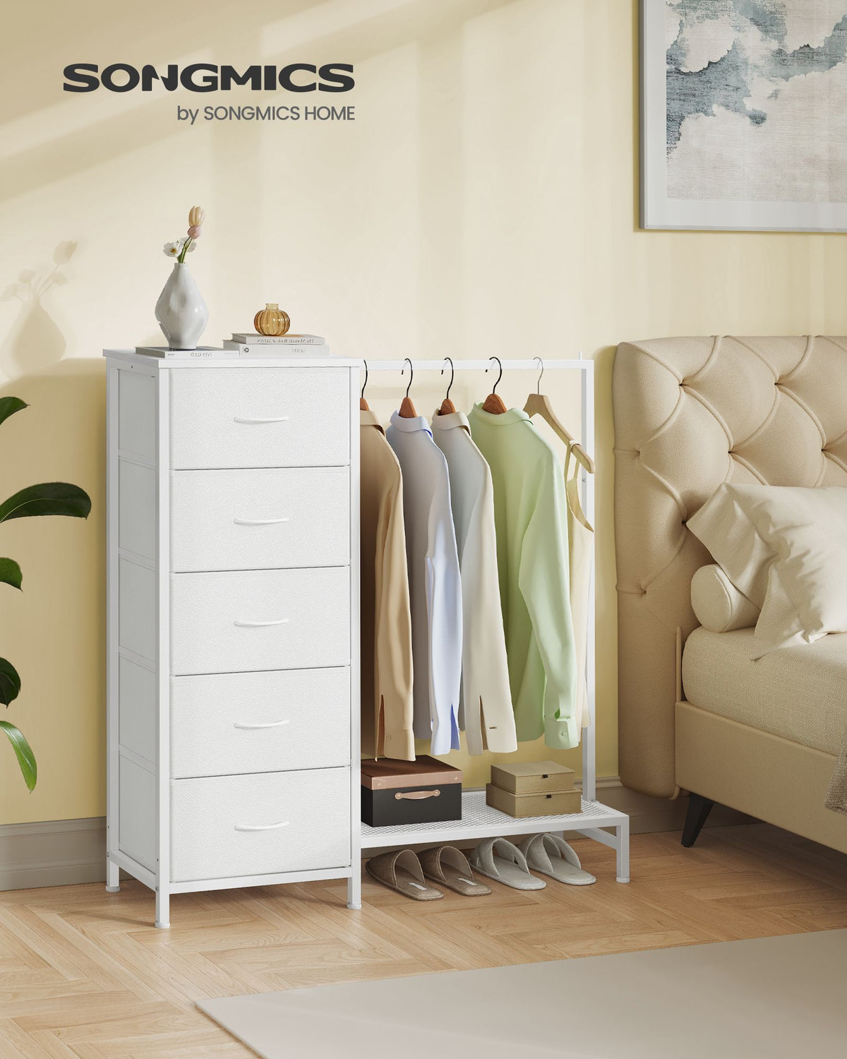 Open Wardrobe - Steel with Fabric Drawers and LED Lights - Cloud White - 96.2 x 30 x 117.7 cm