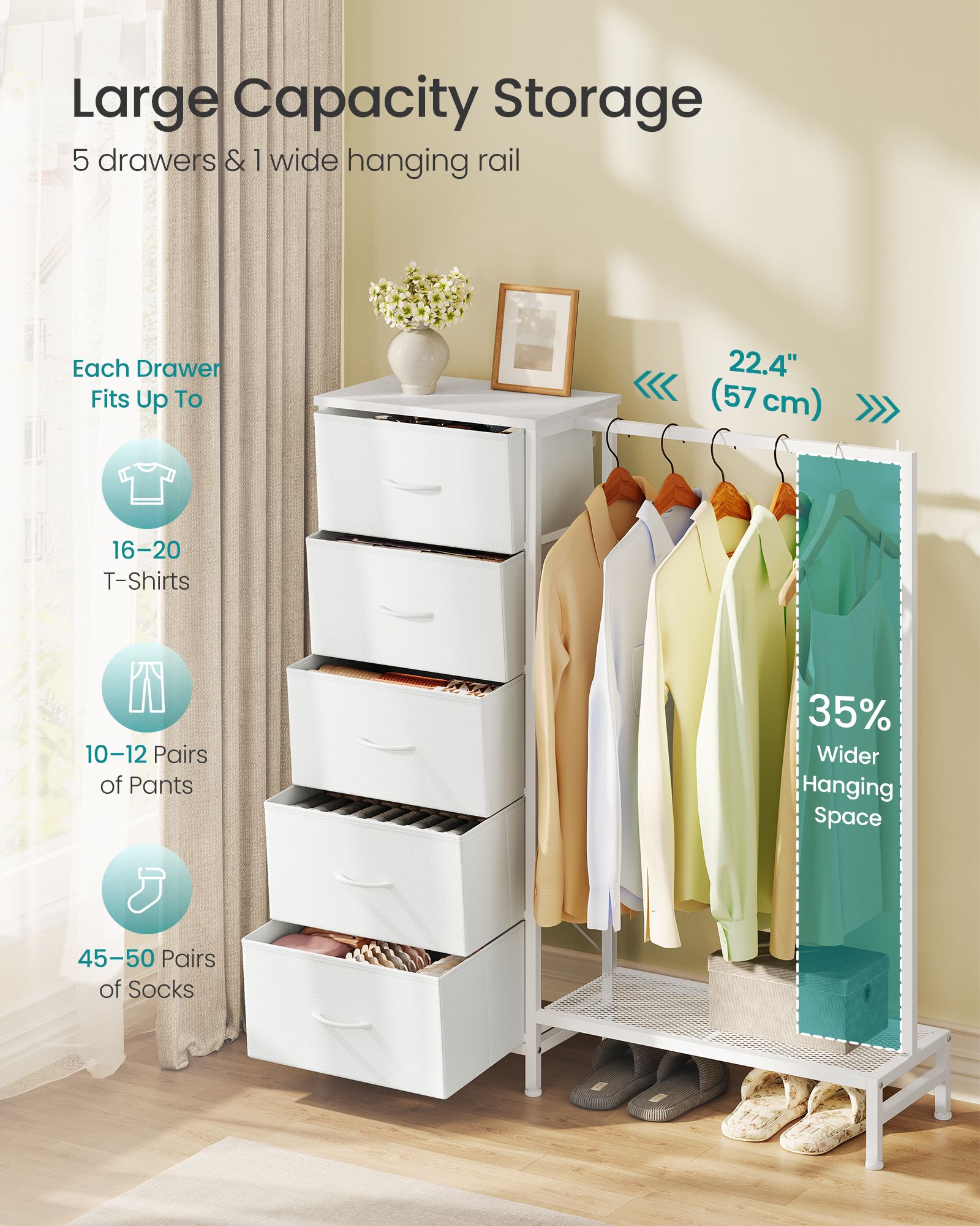 Open Wardrobe - Steel with Fabric Drawers and LED Lights - Cloud White - 96.2 x 30 x 117.7 cm