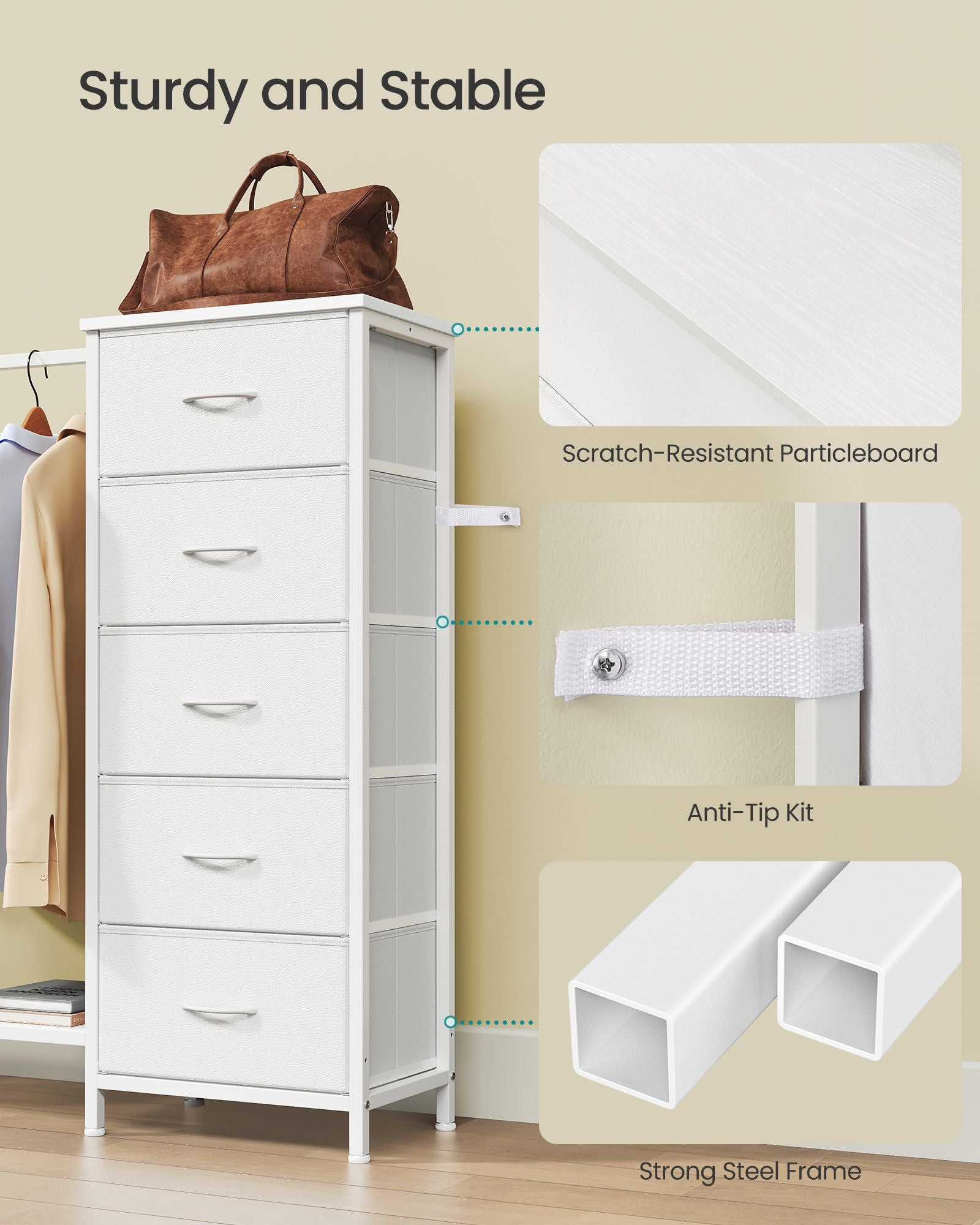 Open Wardrobe - Steel with Fabric Drawers and LED Lights - Cloud White - 96.2 x 30 x 117.7 cm