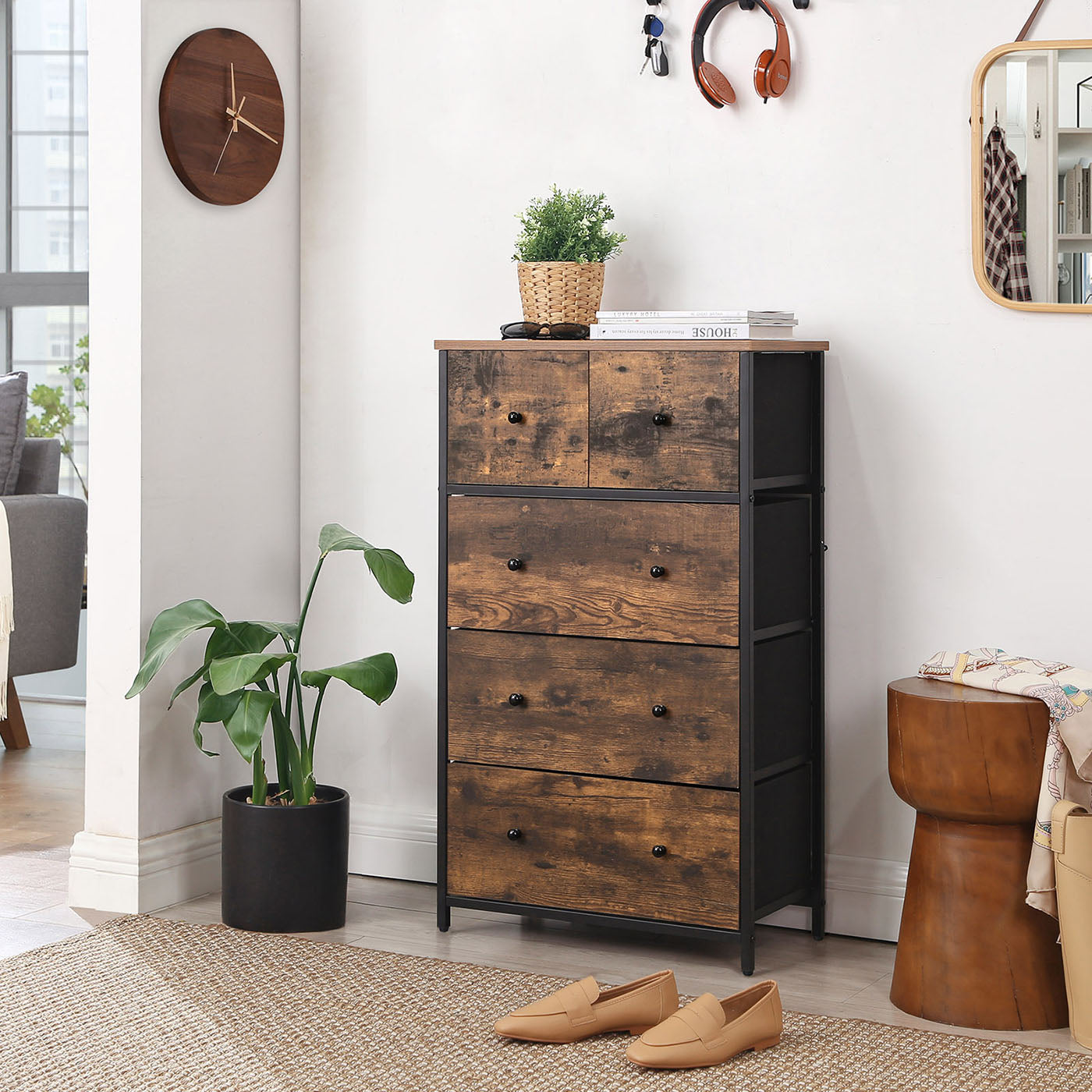 Fabric 5-Drawer Storage Organiser Unit - MDF and Metal - Rustic Brown