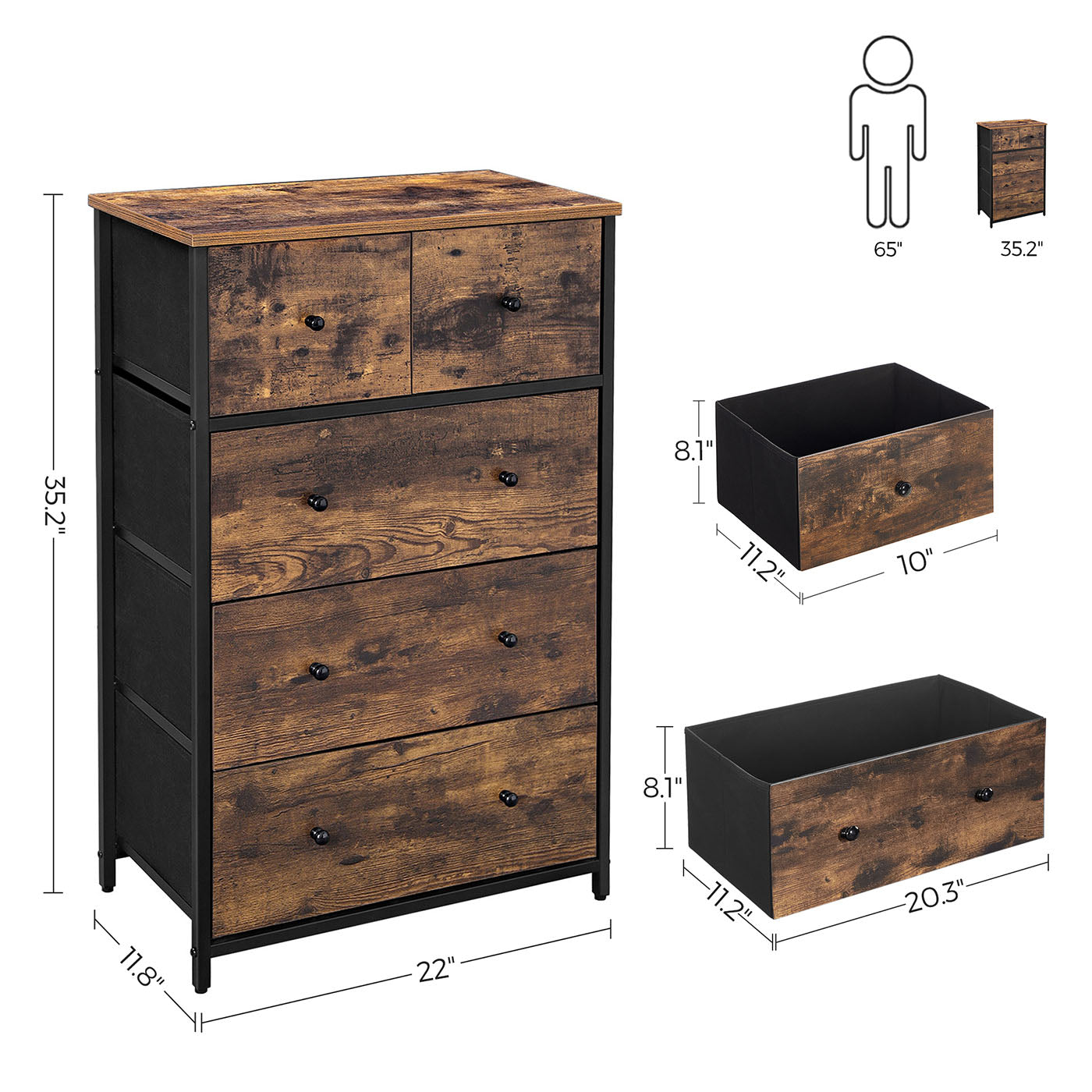 Fabric 5-Drawer Storage Organiser Unit - MDF and Metal - Rustic Brown