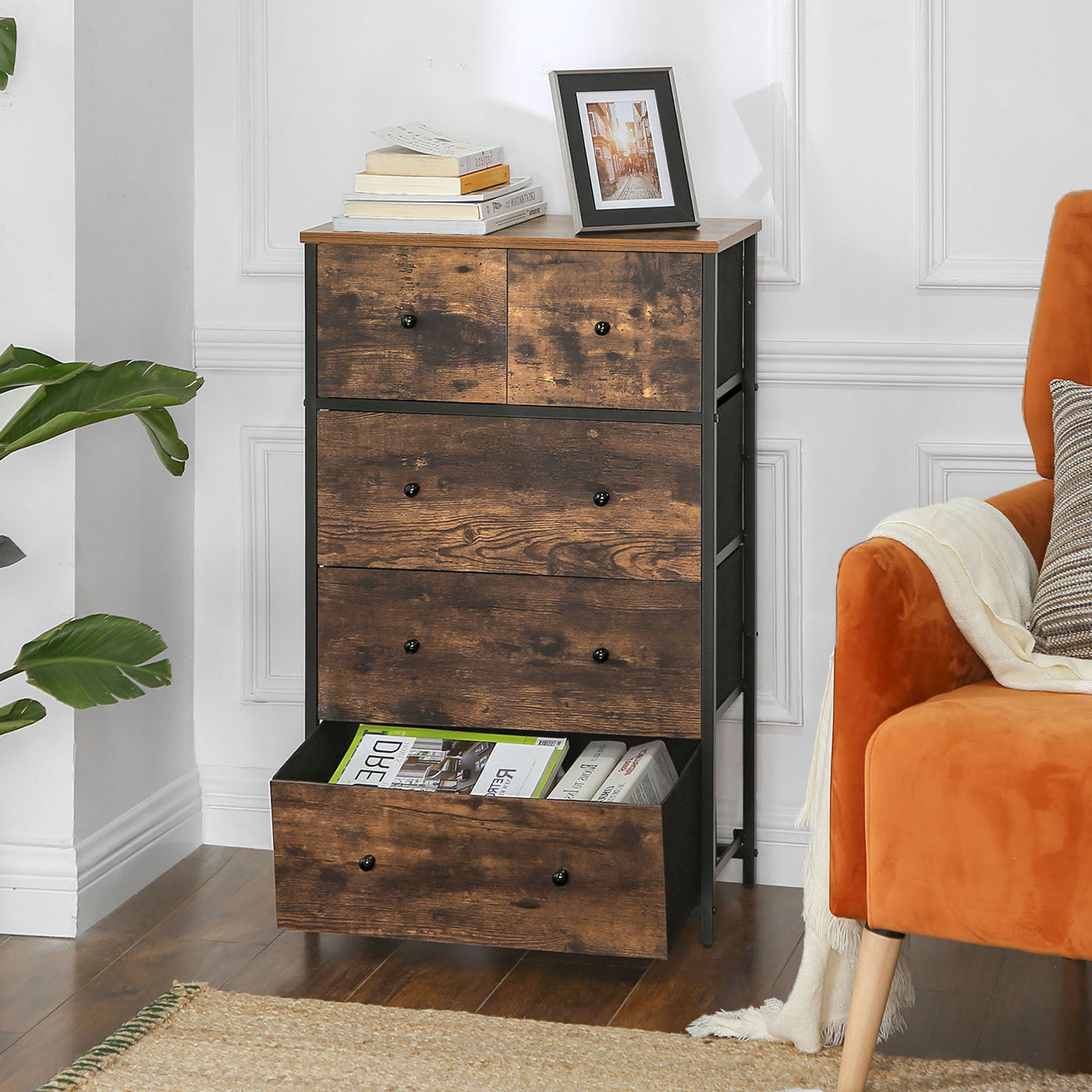 Fabric 5-Drawer Storage Organiser Unit - MDF and Metal - Rustic Brown