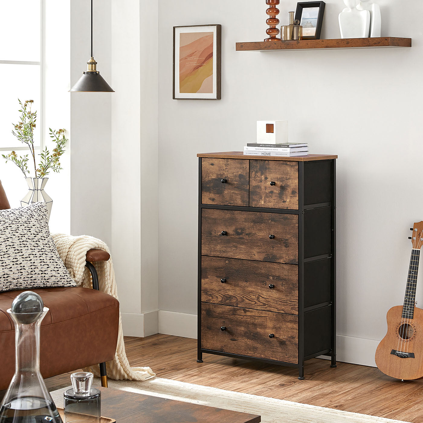 Fabric 5-Drawer Storage Organiser Unit - MDF and Metal - Rustic Brown