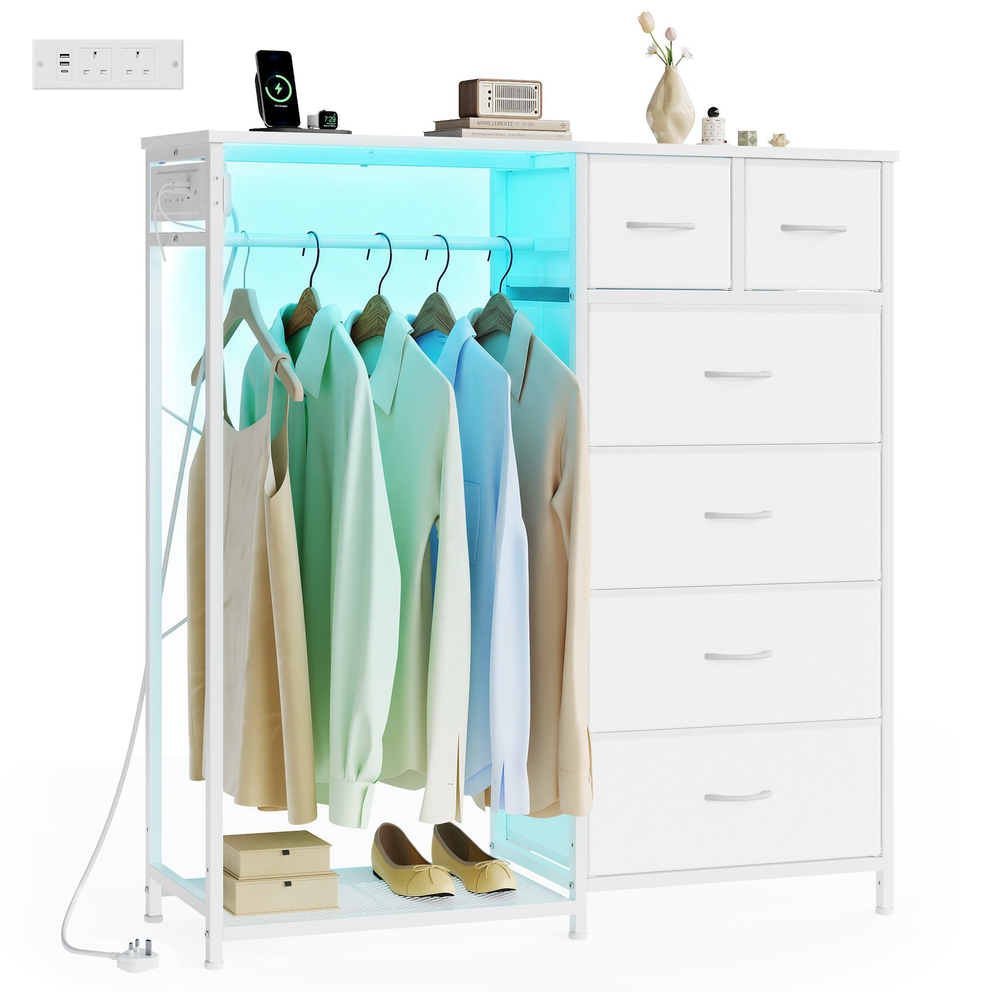 Open Wardrobe - Steel with Fabric Drawers and LED Lights - Cloud White - 102.7 x 35 x 117.6 cm