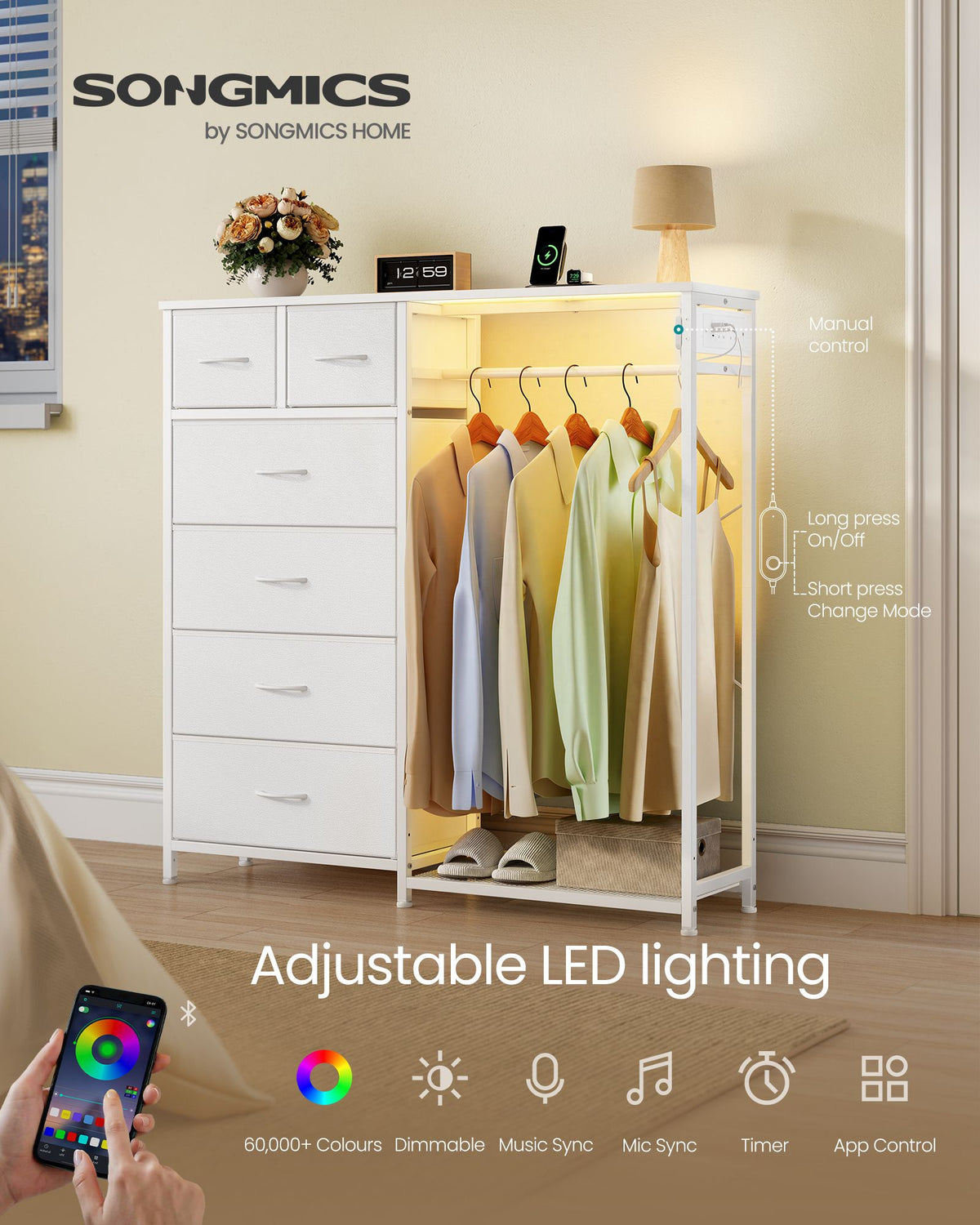 Open Wardrobe - Steel with Fabric Drawers and LED Lights - Cloud White - 102.7 x 35 x 117.6 cm