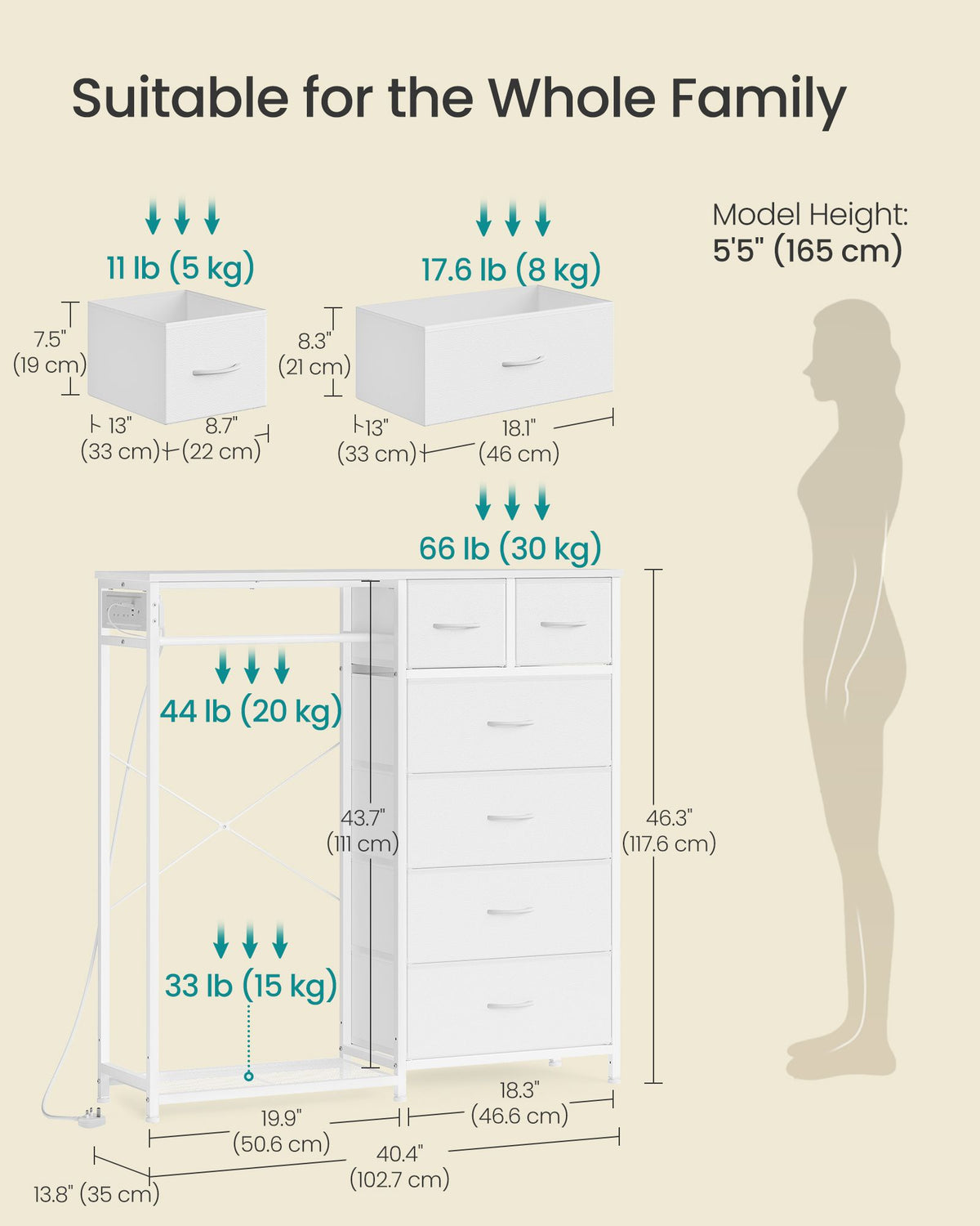 Open Wardrobe - Steel with Fabric Drawers and LED Lights - Cloud White - 102.7 x 35 x 117.6 cm