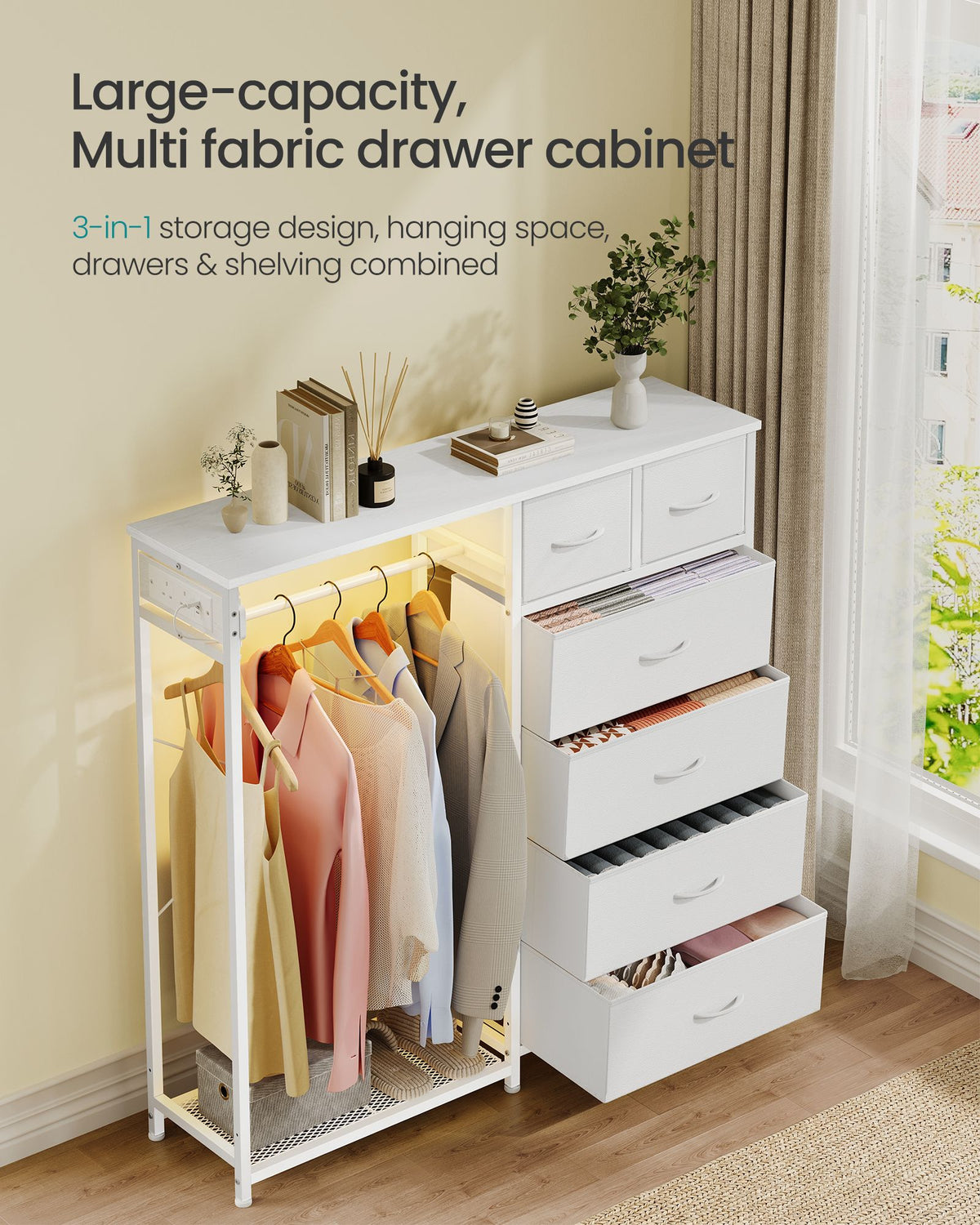 Open Wardrobe - Steel with Fabric Drawers and LED Lights - Cloud White - 102.7 x 35 x 117.6 cm