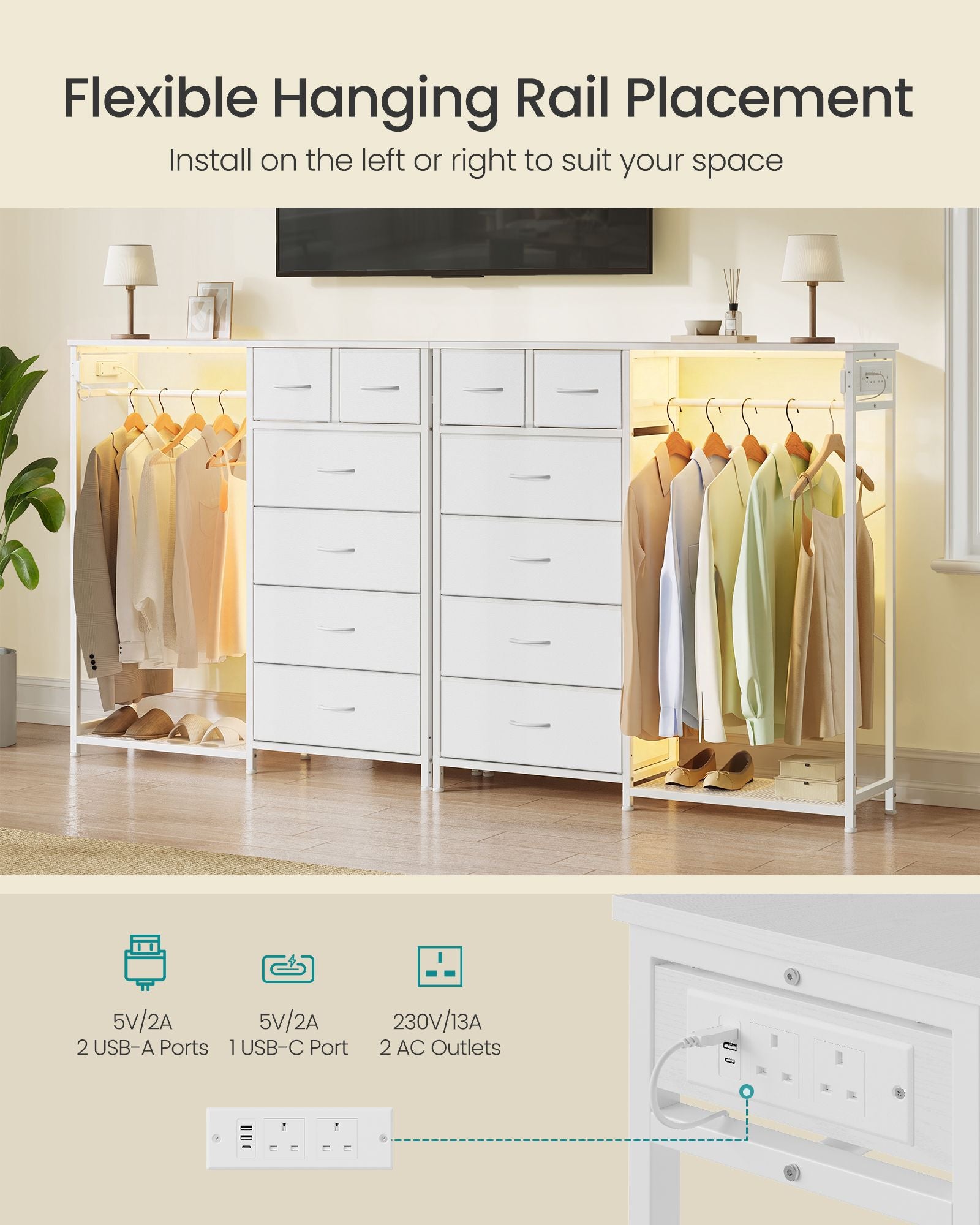 Open Wardrobe - Steel with Fabric Drawers and LED Lights - Cloud White - 102.7 x 35 x 117.6 cm