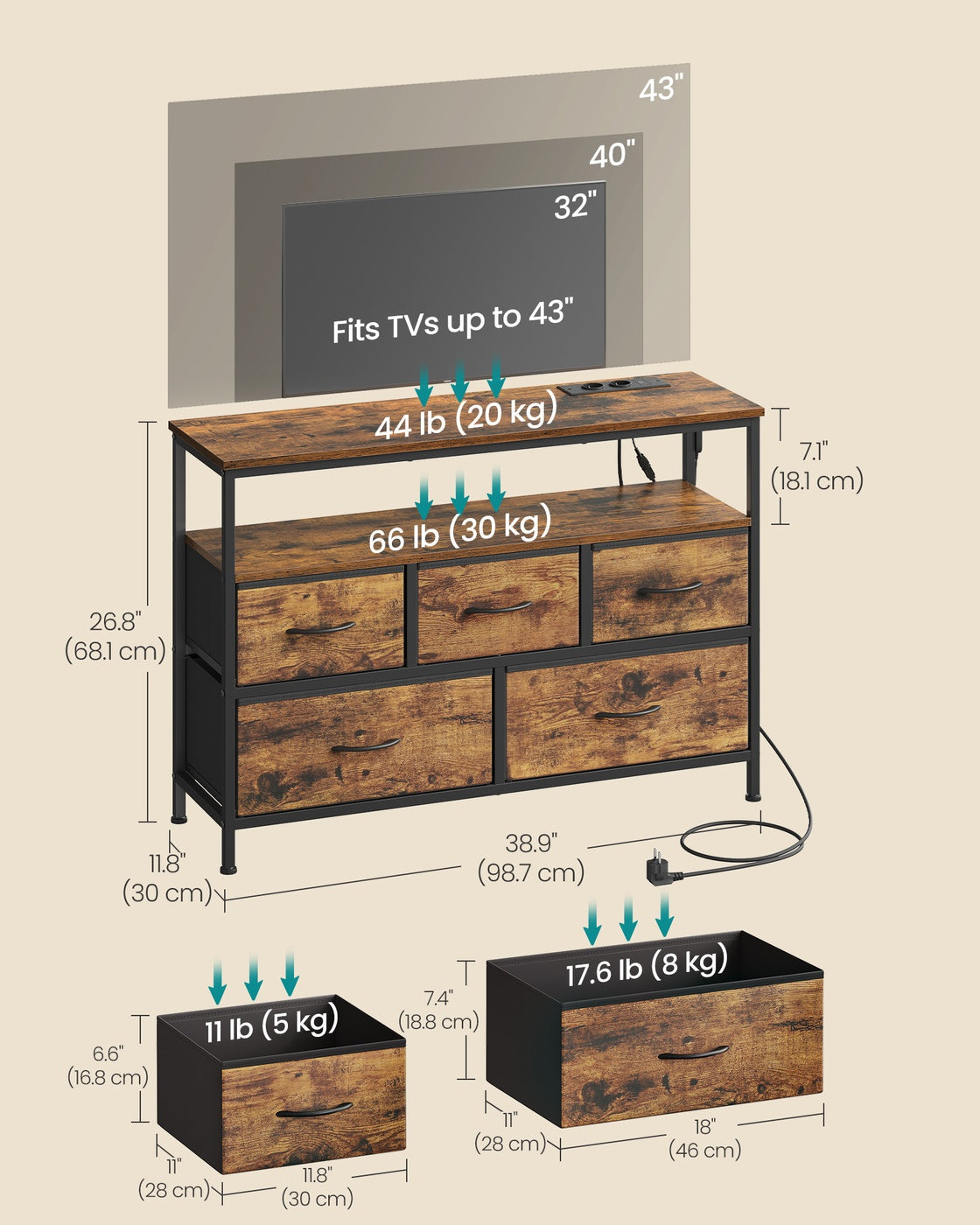 Chest of Drawers Storage Unit - 30L - Steel - Non-Woven Fabric