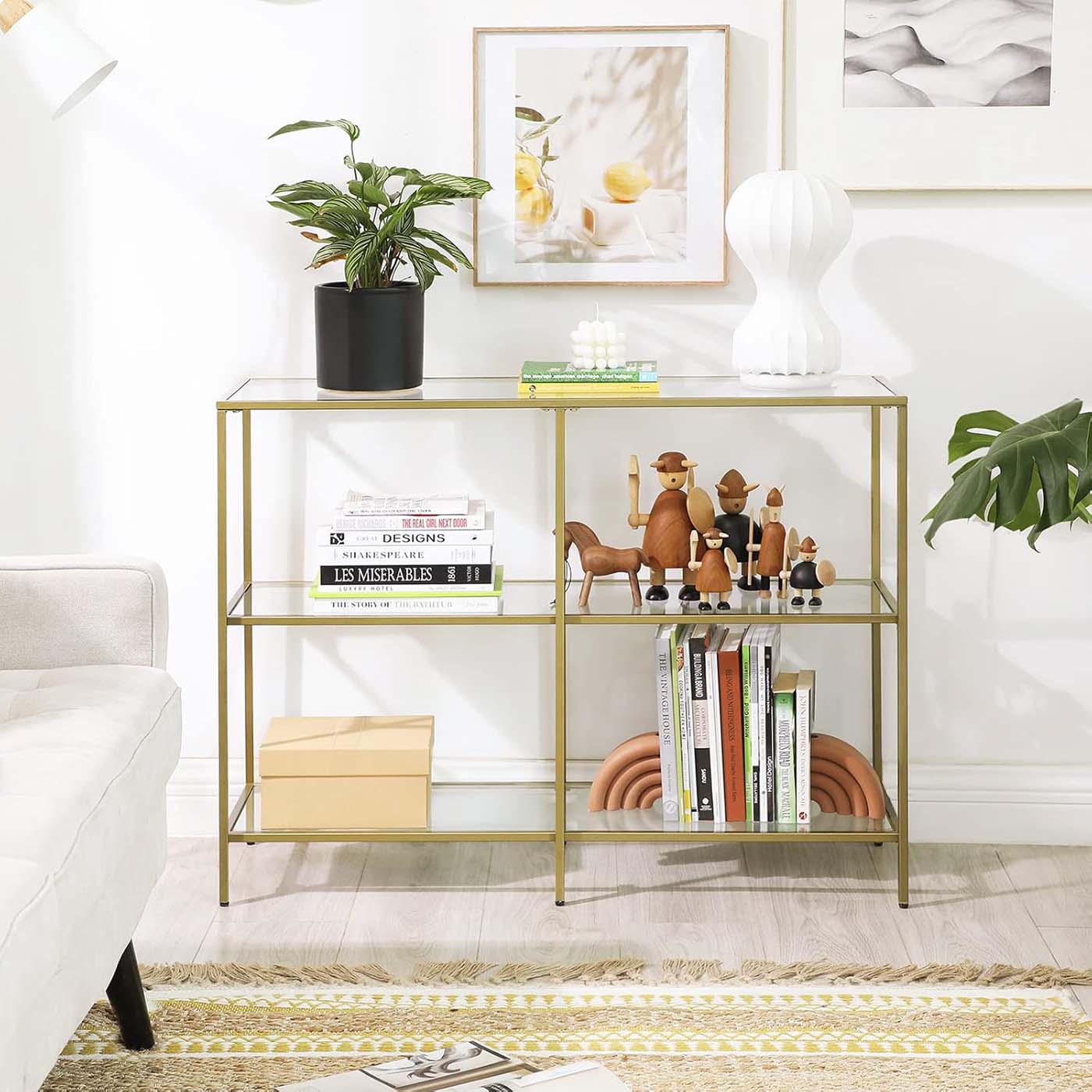 Console Table - Tempered Glass - Gold - 3-Tier Design with Metal Frame