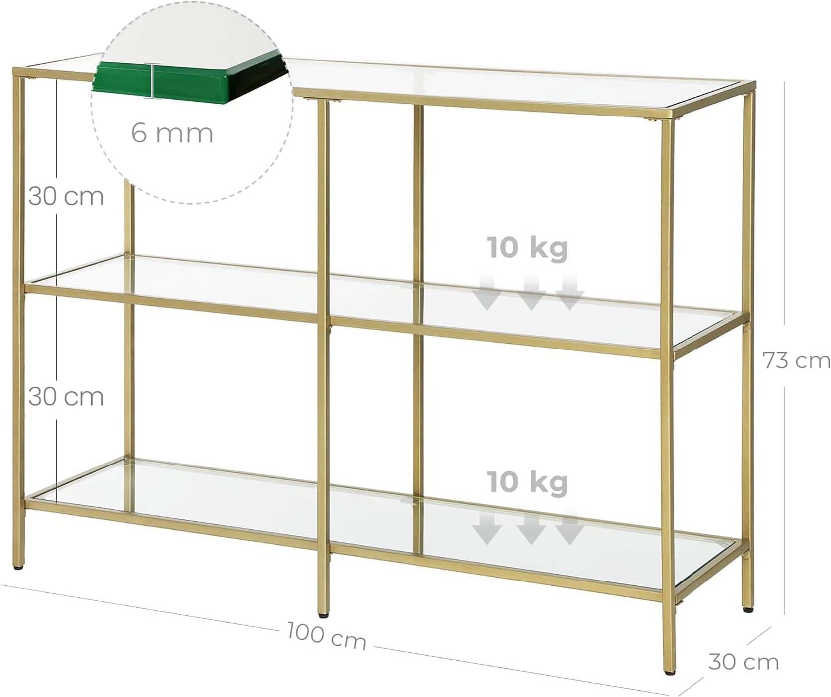 Console Table - Tempered Glass - Gold - 3-Tier Design with Metal Frame