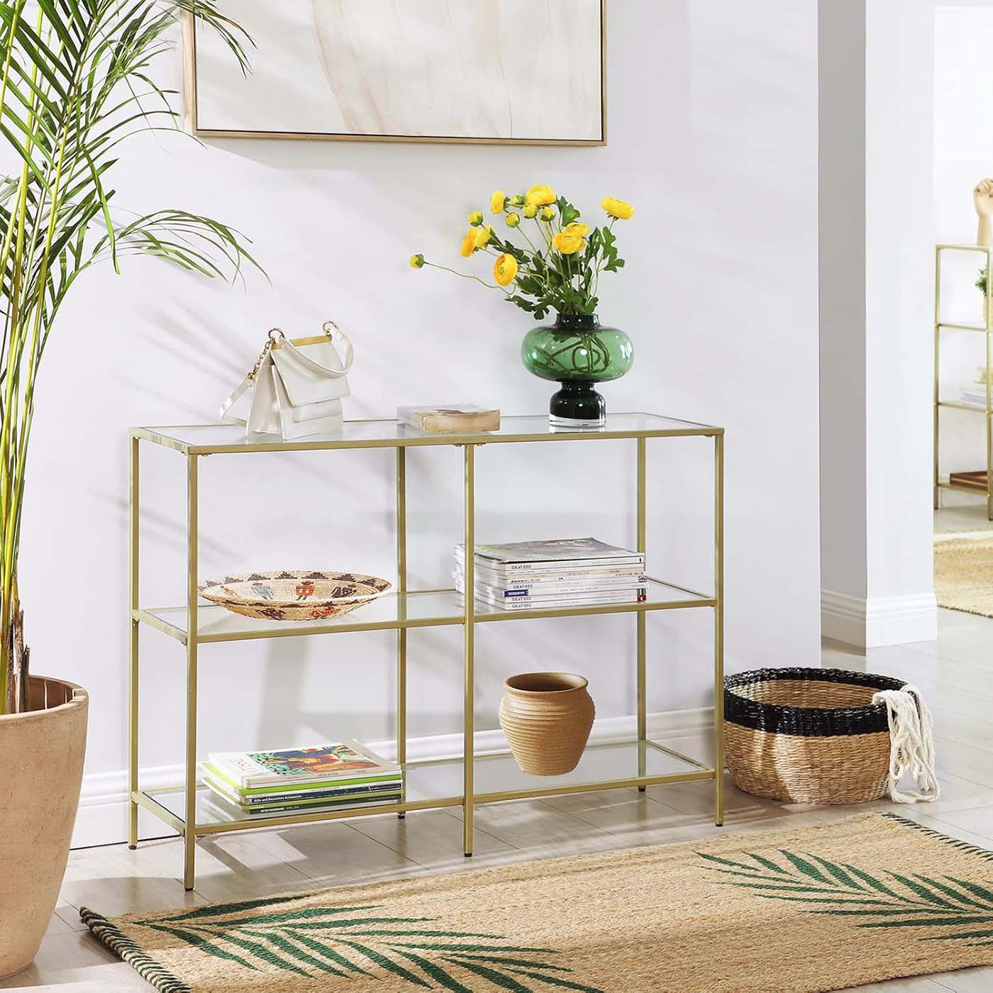 Console Table - Tempered Glass - Gold - 3-Tier Design with Metal Frame