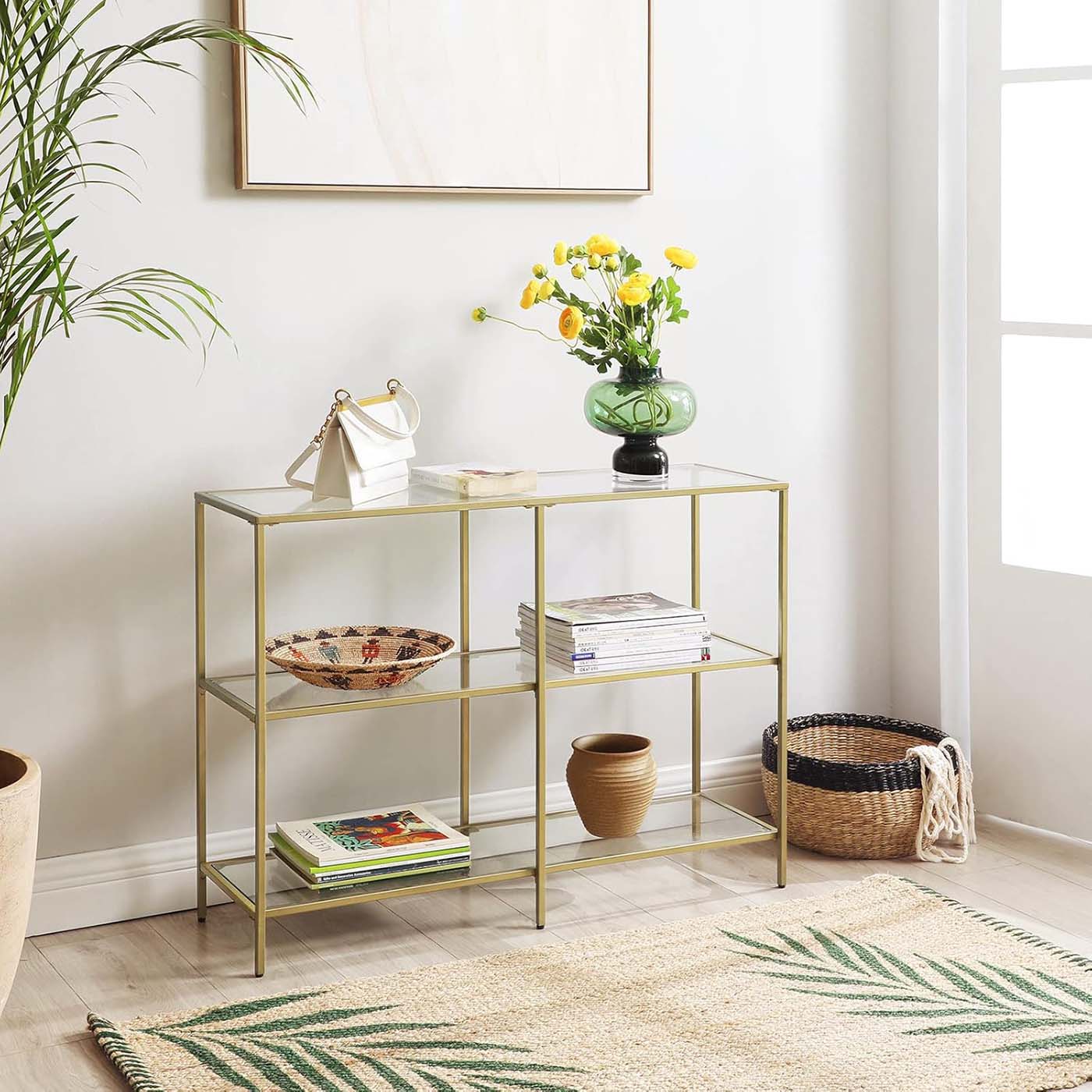Console Table - Tempered Glass - Gold - 3-Tier Design with Metal Frame