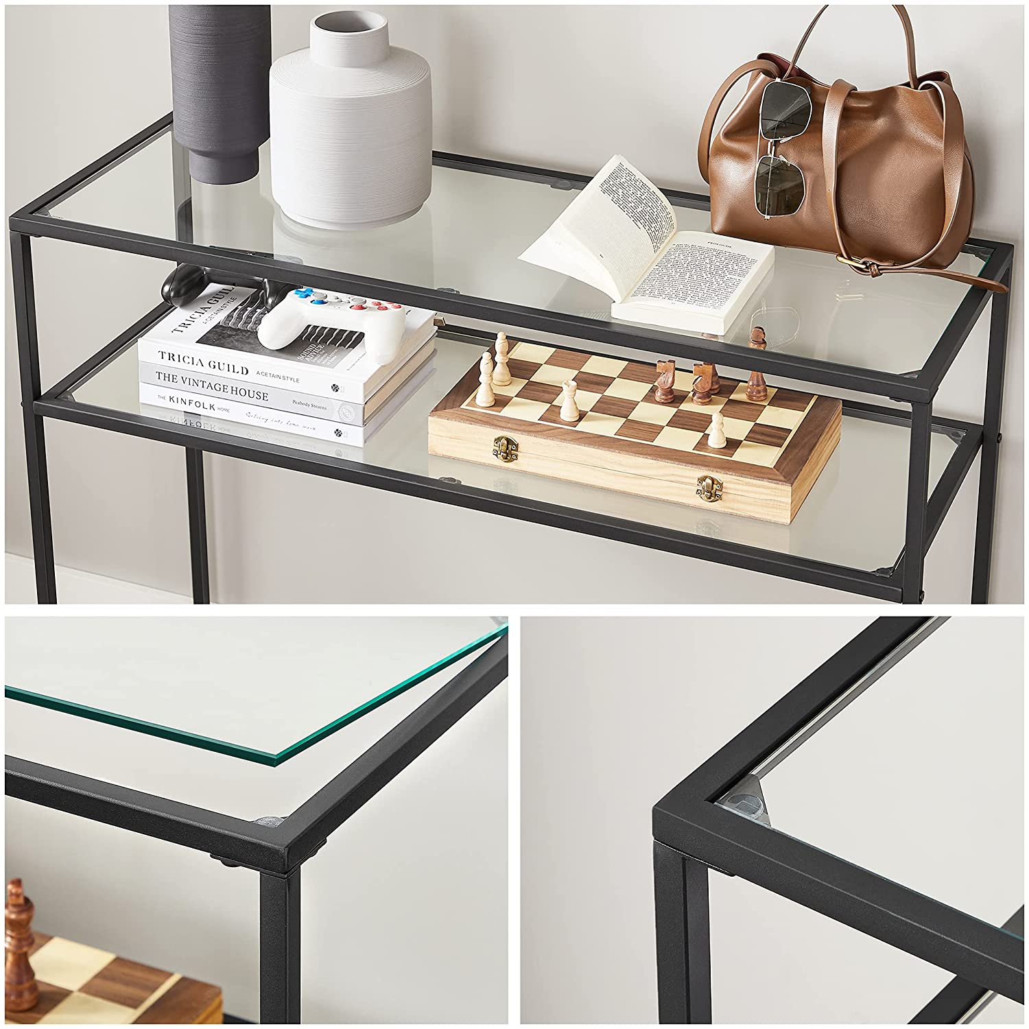 Console Table - Tempered Glass - Gold - Adjustable Feet for Stability