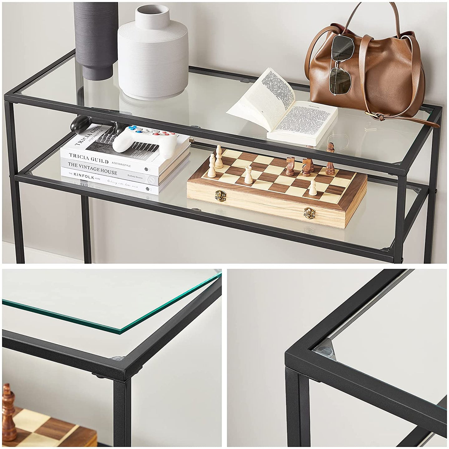 Console Table - Tempered Glass - Gold - Adjustable Feet for Stability