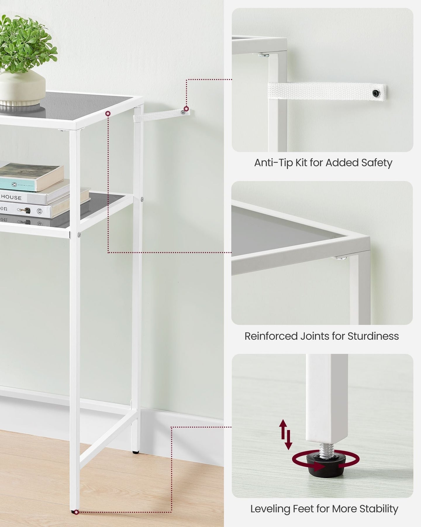Console Table - Tempered Glass - Gold - Adjustable Legs and Two Shelves