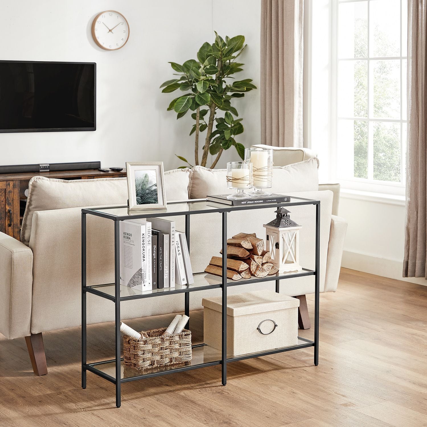 Hallway Table - Tempered Glass - Pearl Black - 3 Shelves