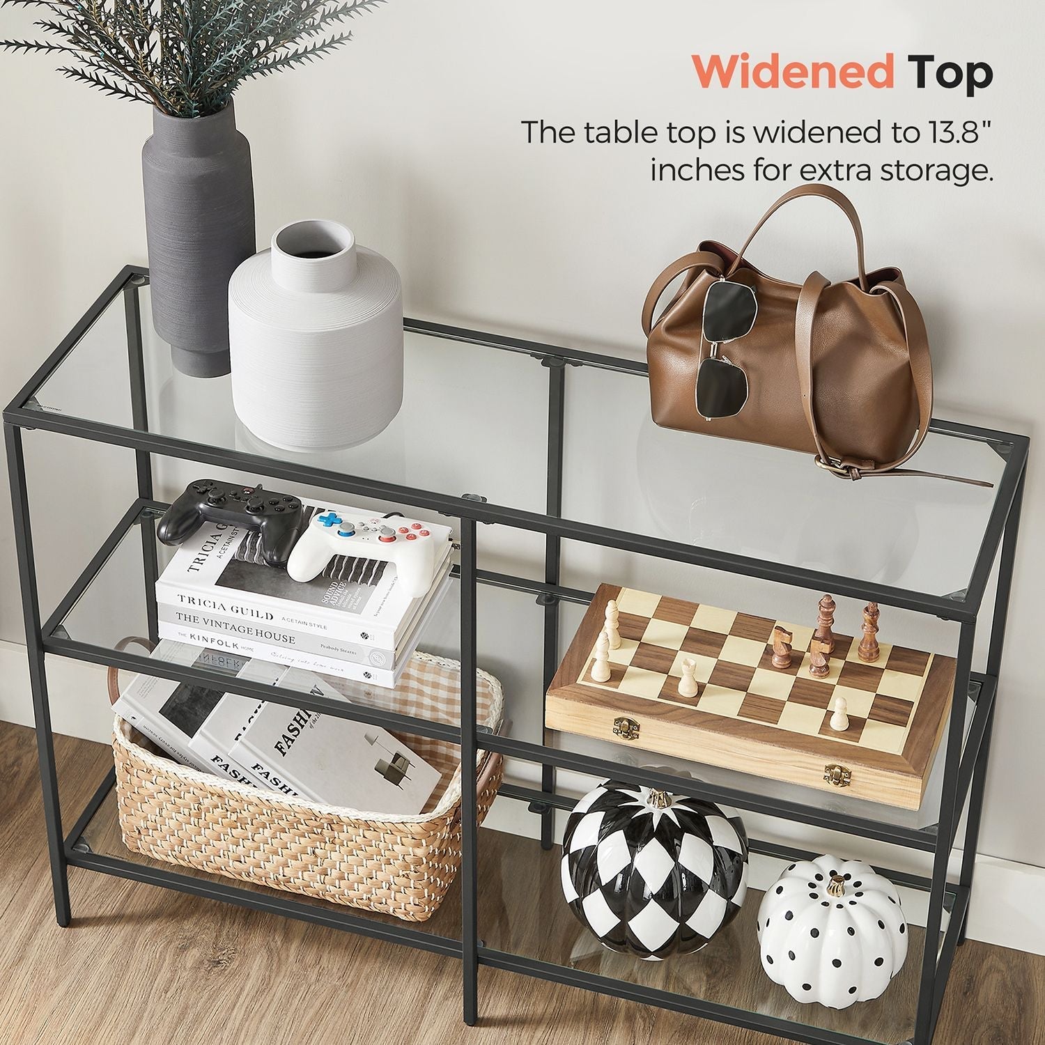 Hallway Table - Tempered Glass - Pearl Black - 3 Shelves