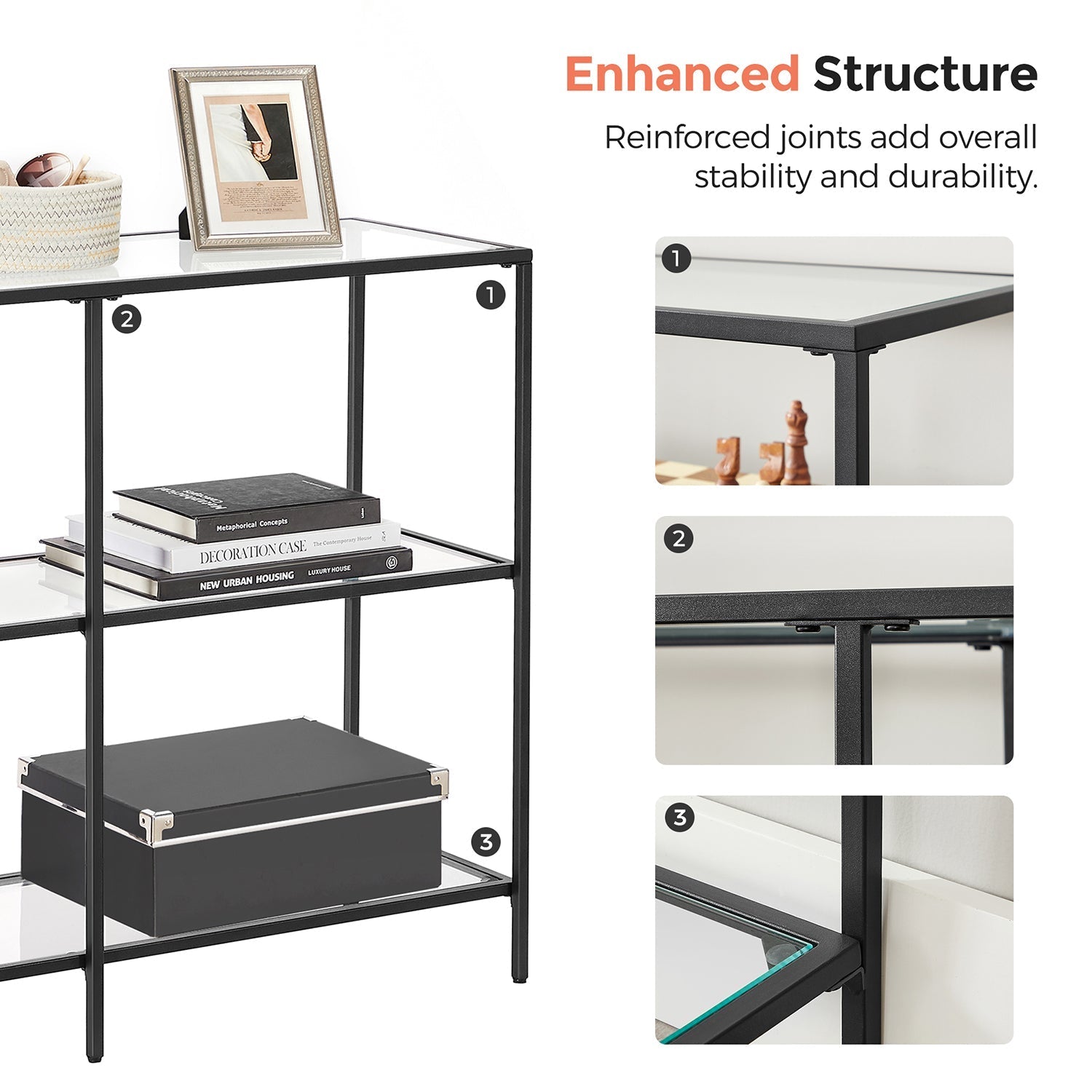Hallway Table - Tempered Glass - Pearl Black - 3 Shelves