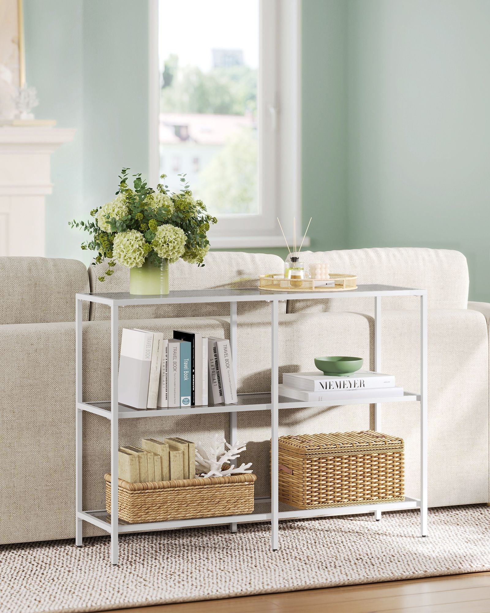 Console Table - 3 Shelves - Metal Frame - Pearl White - Compact and Lightweight