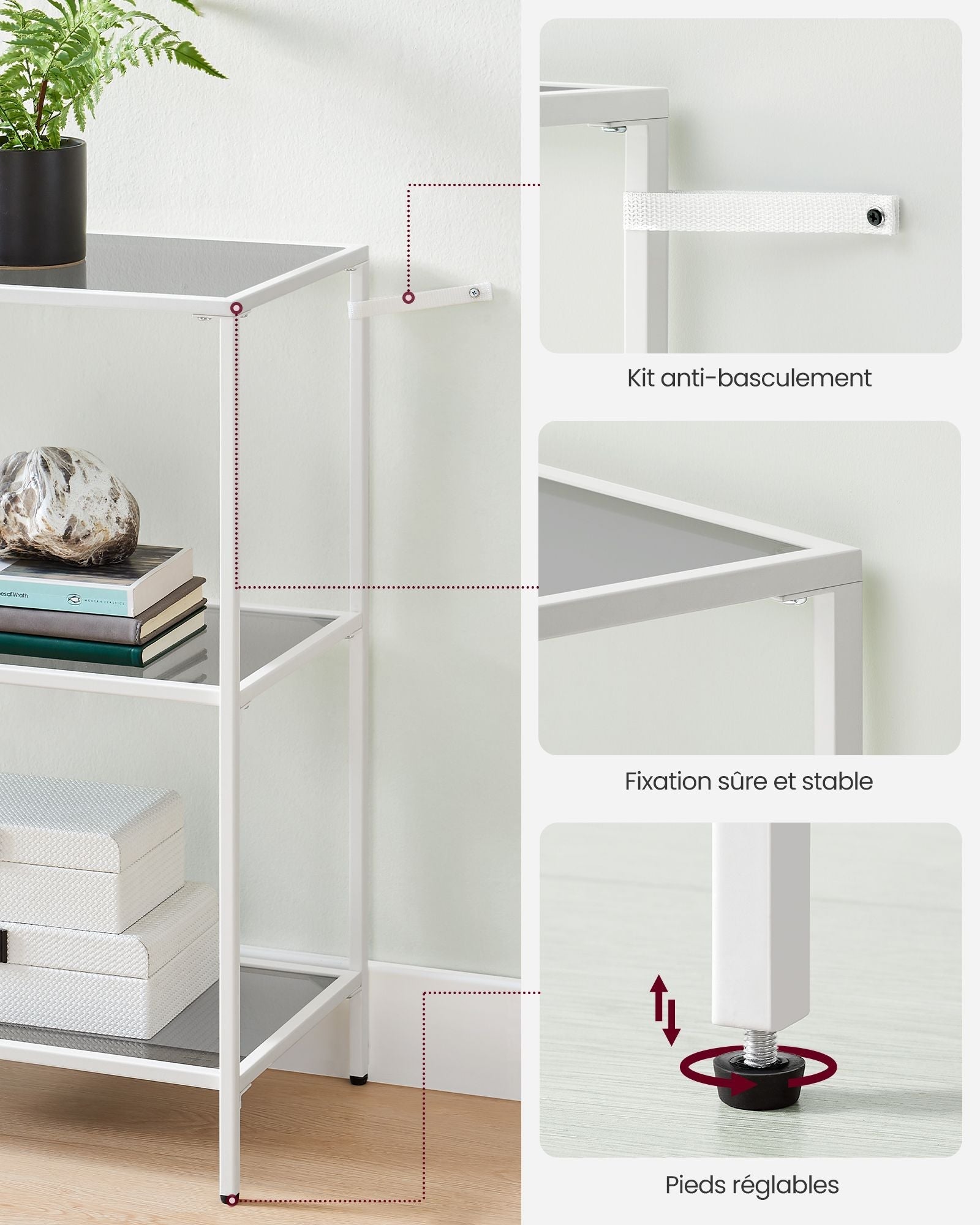 Console Table - 3 Shelves - Metal Frame - Pearl White - Compact and Lightweight