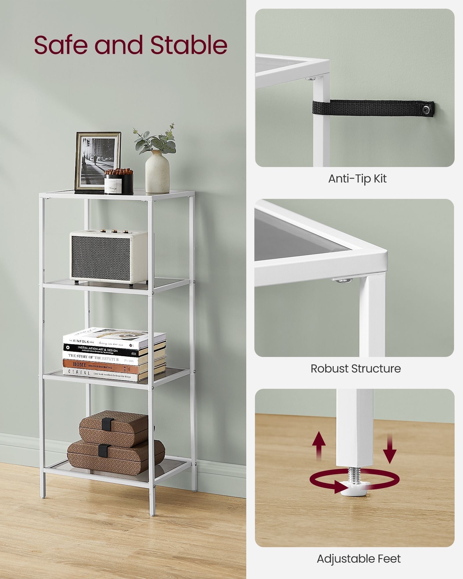 4-Tier Tempered Glass Shelf - Pearl White - Multi-Purpose Storage Rack for Home and Office