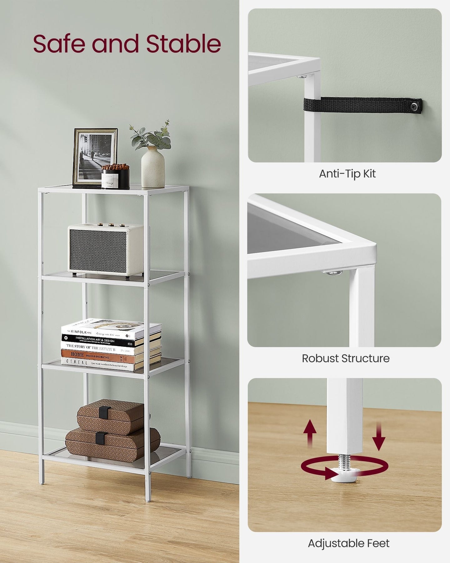 4-Tier Tempered Glass Shelf - Pearl White - Multi-Purpose Storage Rack for Home and Office