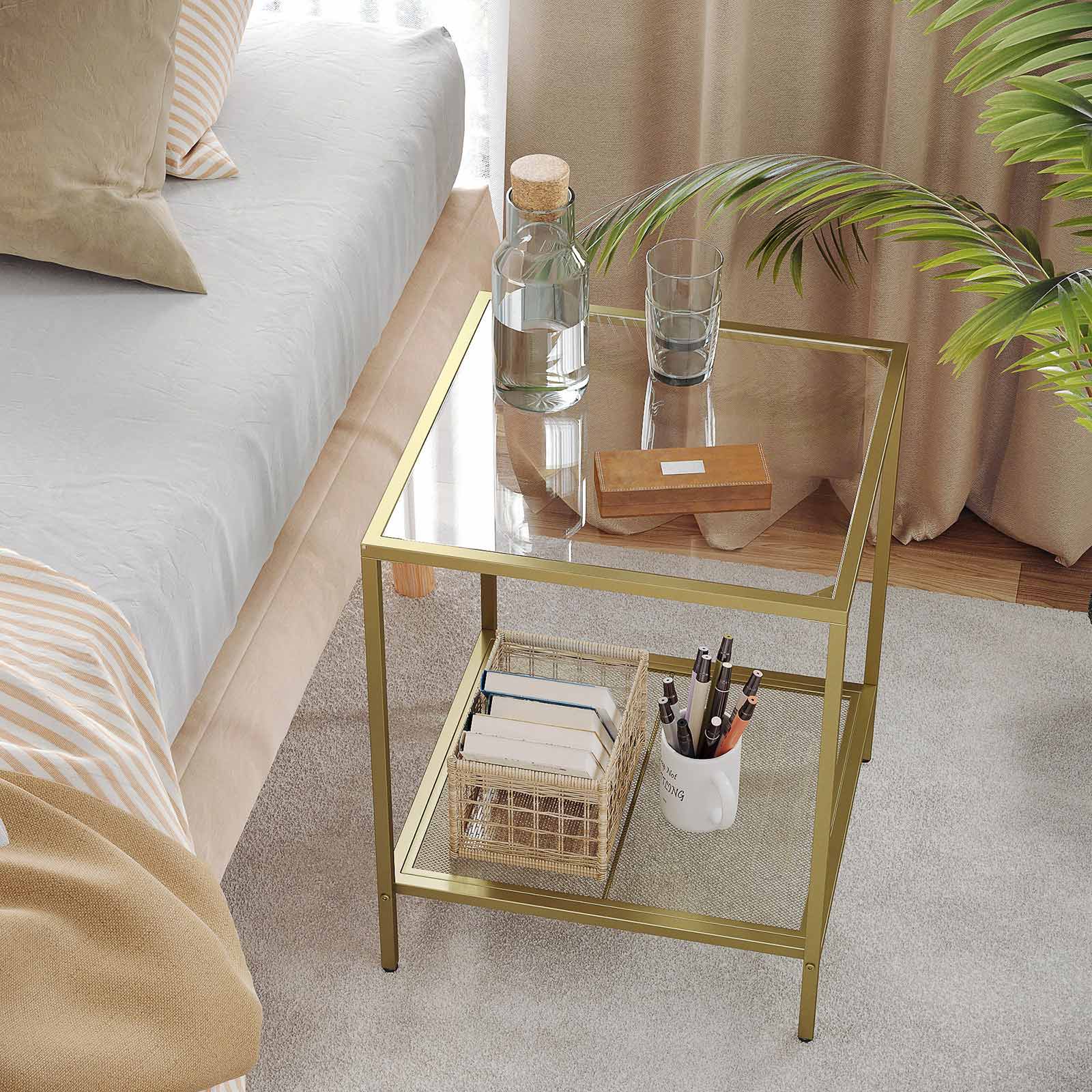 2-Tier End Table - Tempered Glass - Gold and Transparent - Stable Steel Frame