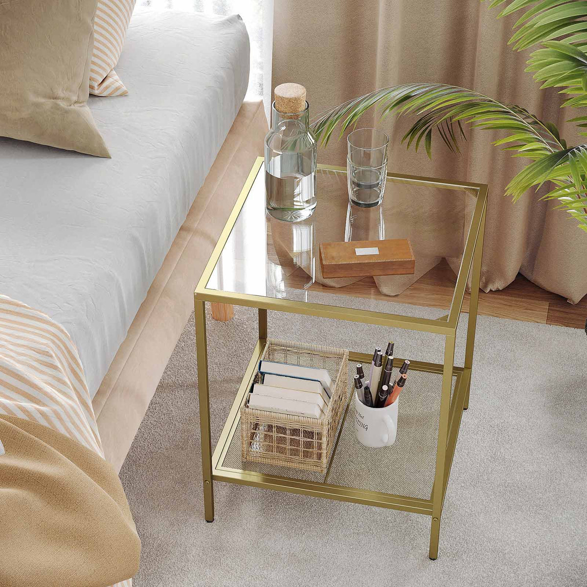 2-Tier End Table - Tempered Glass - Gold and Transparent - Stable Steel Frame