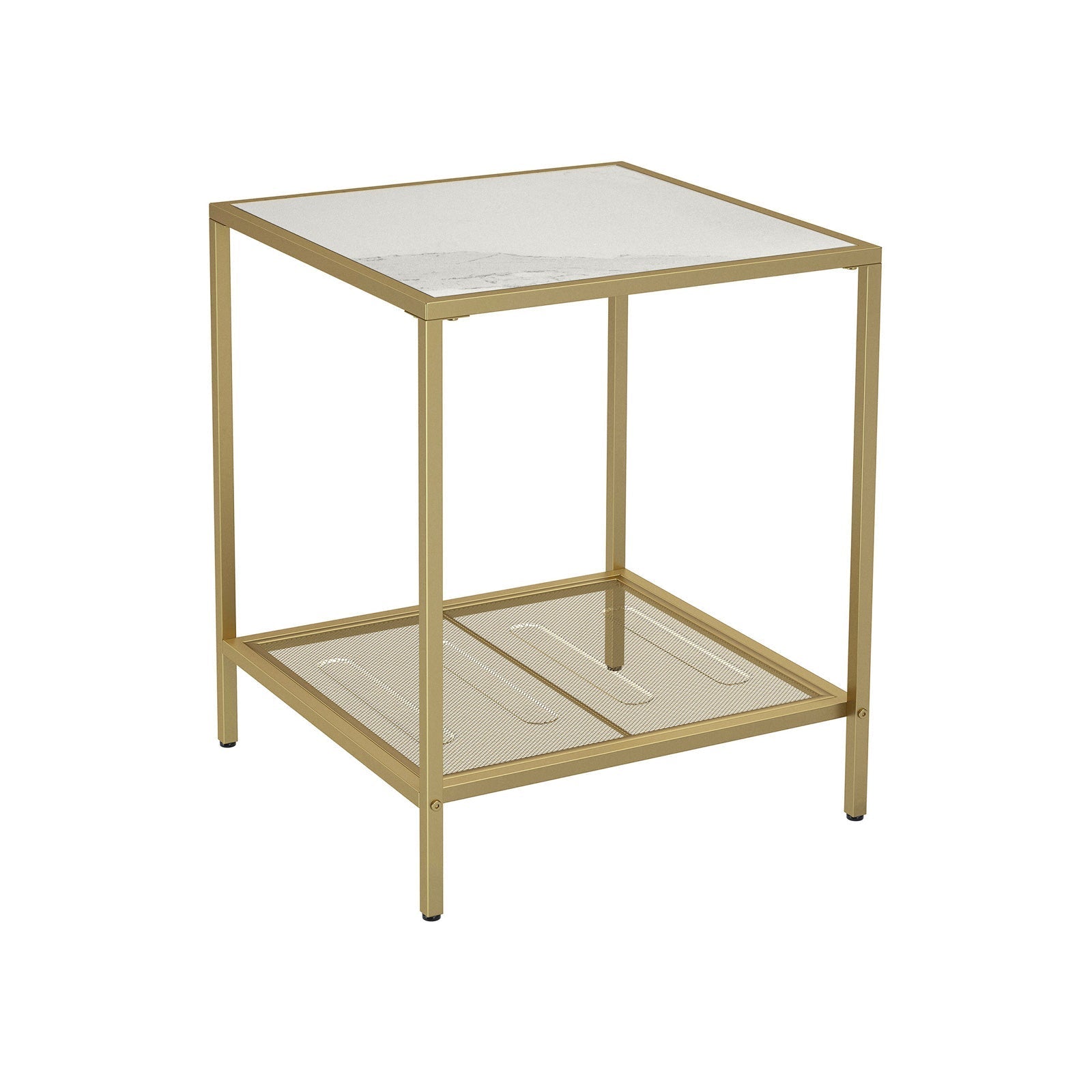 Square Side Table - Tempered Glass - Gold and Transparent - 2-Tier Design with Mesh Shelf