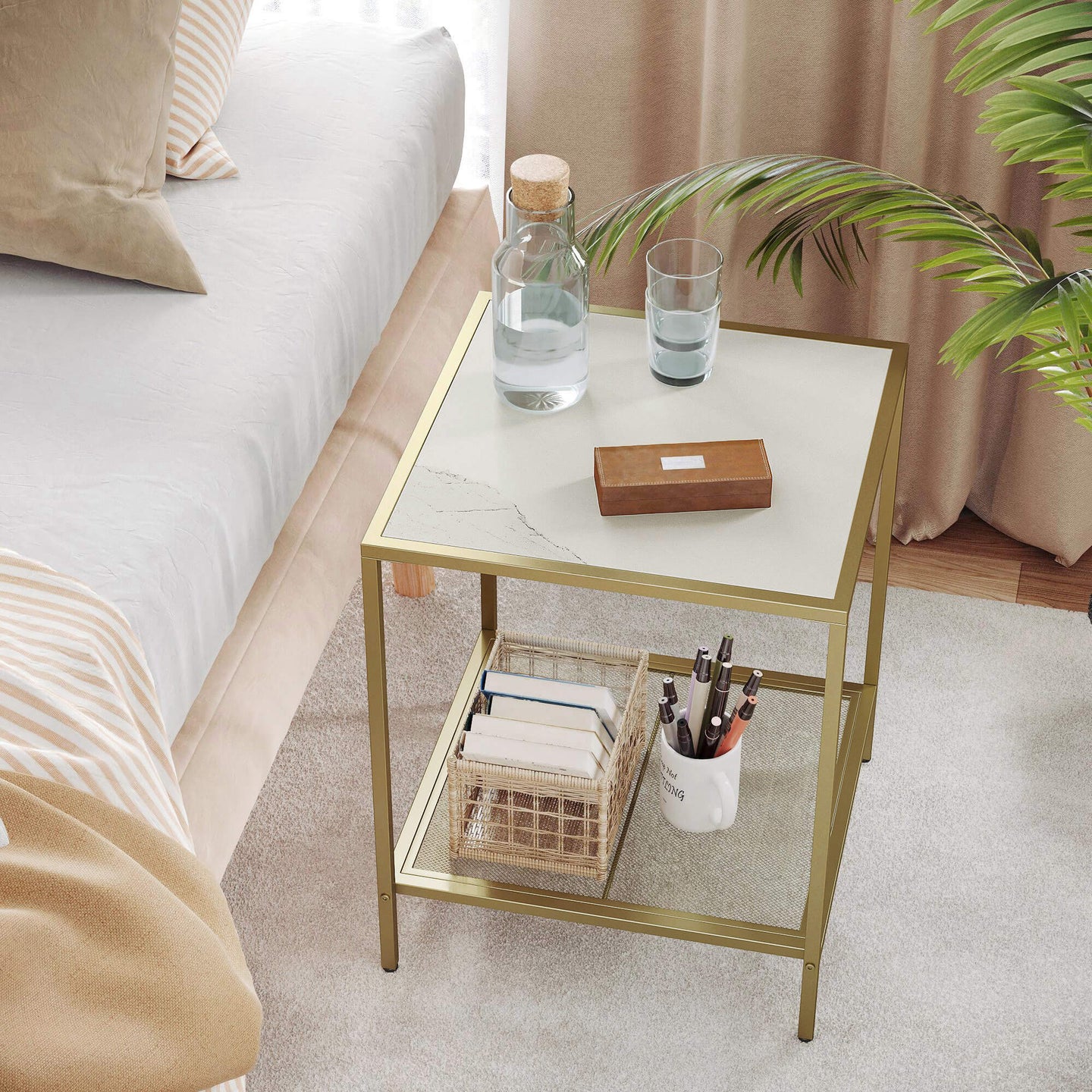 Square Side Table - Tempered Glass - Gold and Transparent - 2-Tier Design with Mesh Shelf