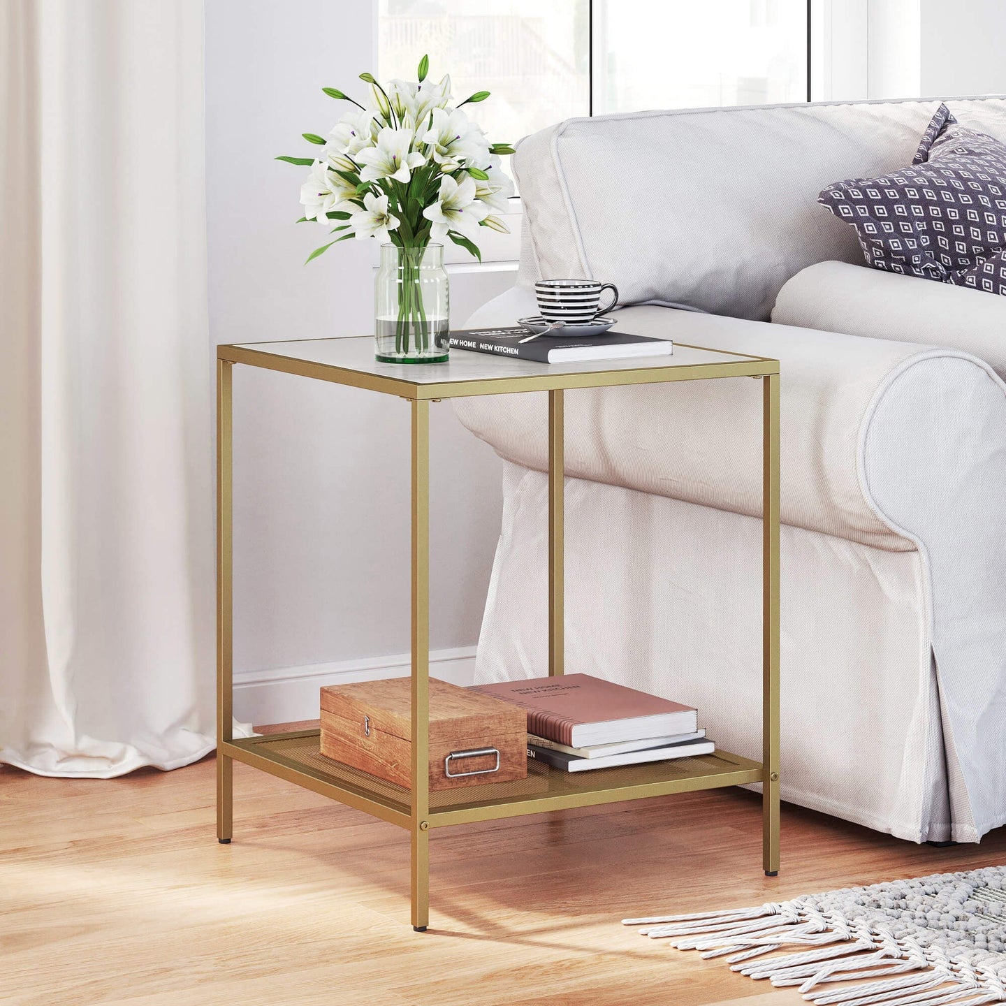 Square Side Table - Tempered Glass - Gold and Transparent - 2-Tier Design with Mesh Shelf