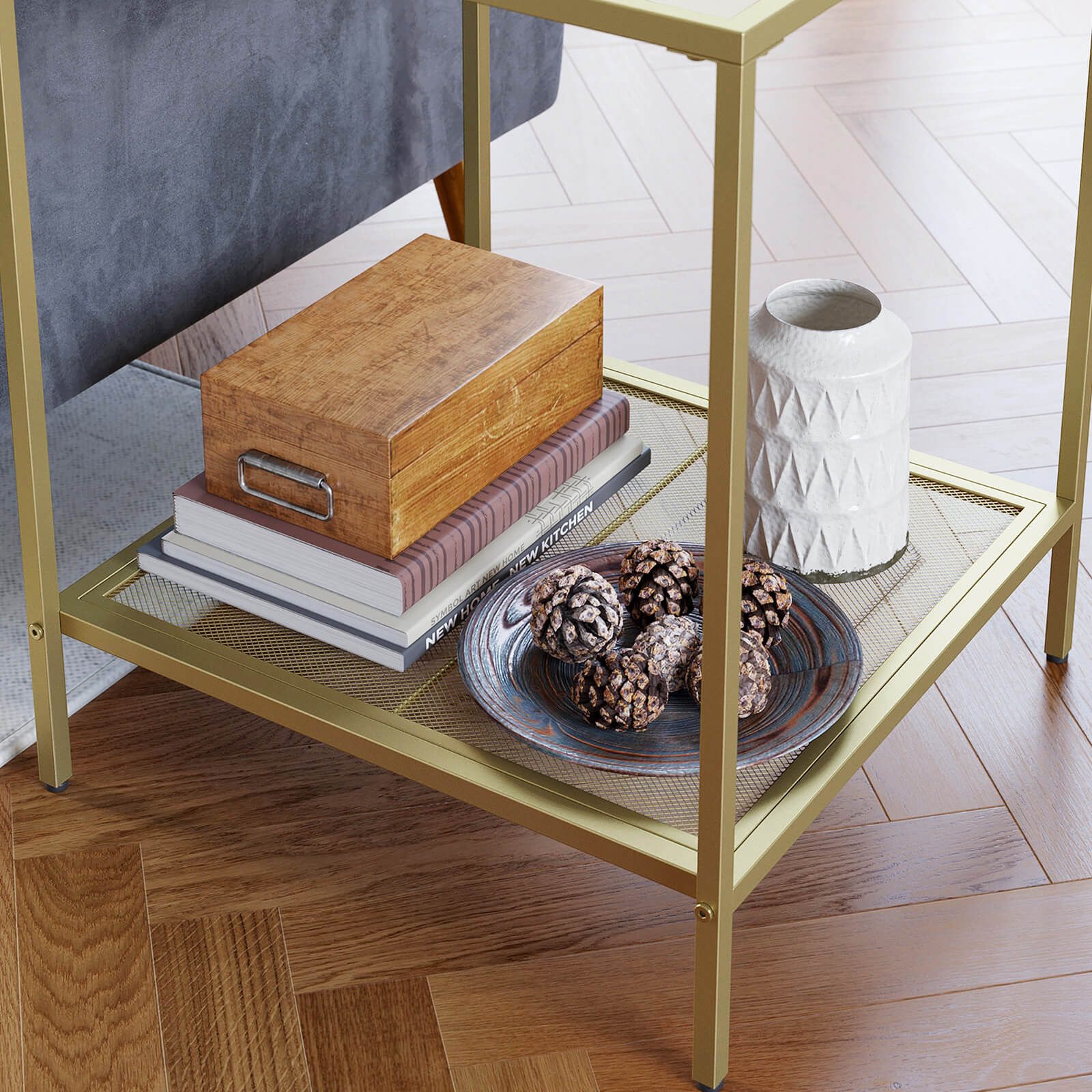 Square Side Table - Tempered Glass - Gold and Transparent - 2-Tier Design with Mesh Shelf
