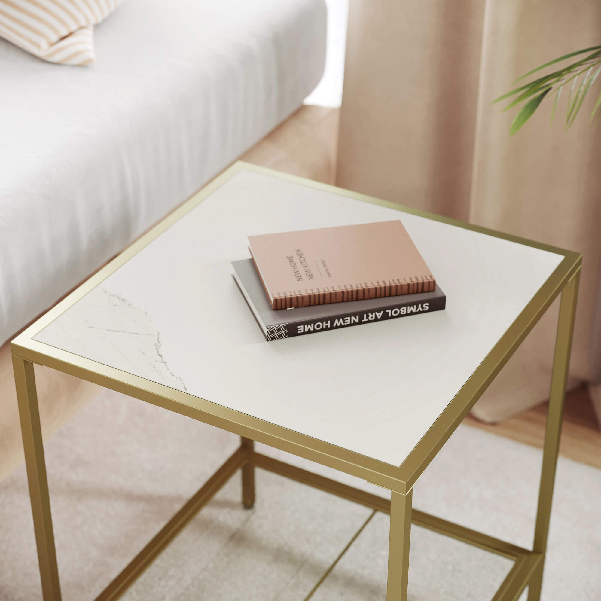 Square Side Table - Tempered Glass - Gold and Transparent - 2-Tier Design with Mesh Shelf
