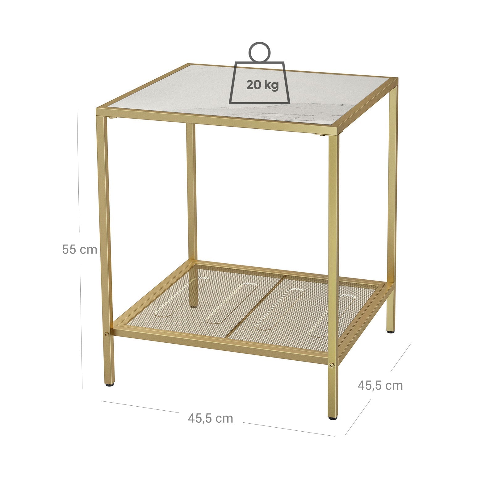 Square Side Table - Tempered Glass - Gold and Transparent - 2-Tier Design with Mesh Shelf