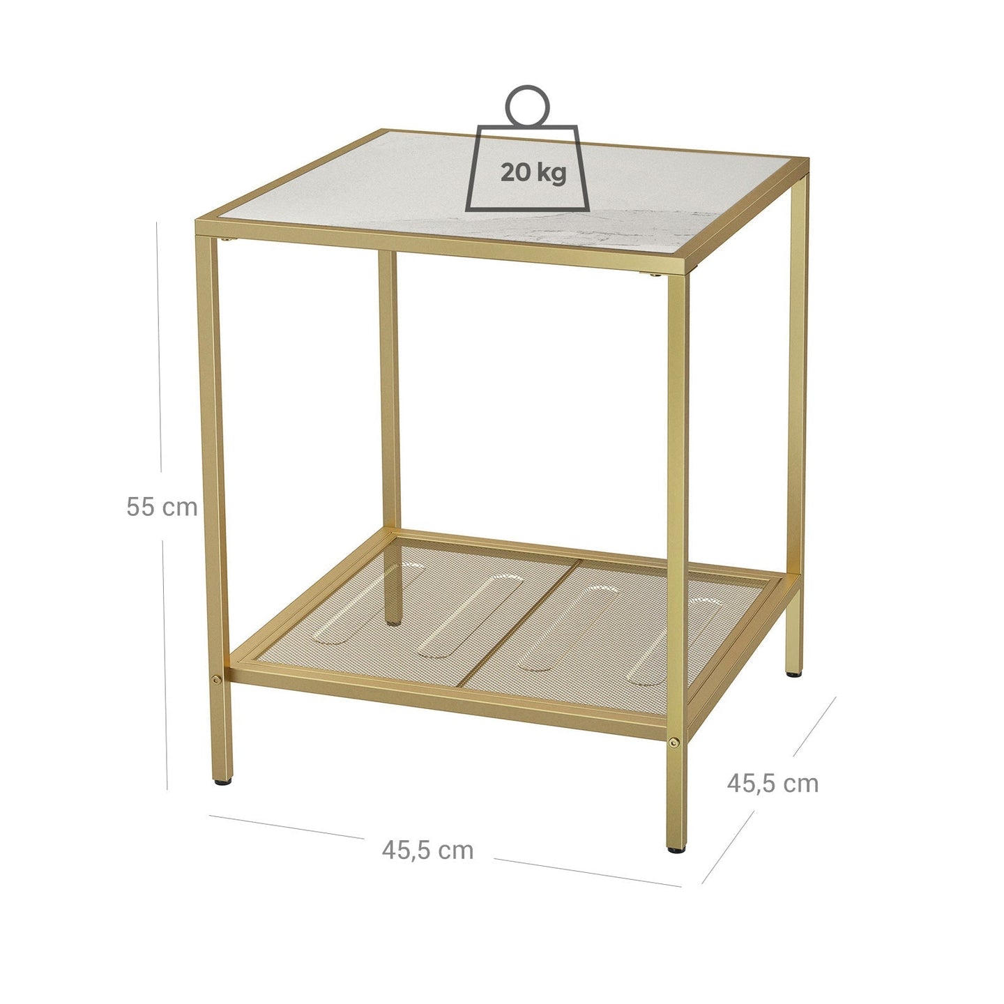 Square Side Table - Tempered Glass - Gold and Transparent - 2-Tier Design with Mesh Shelf