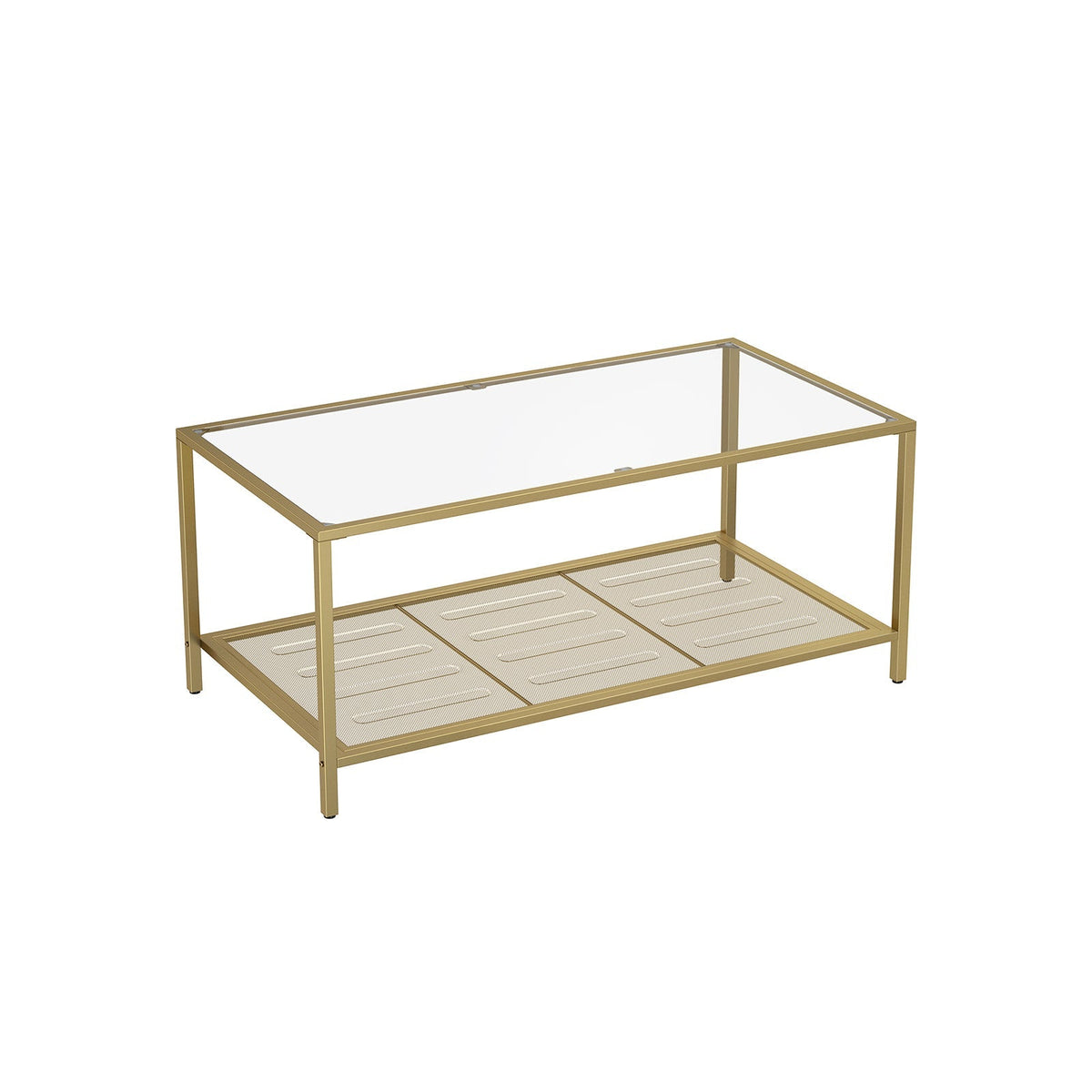 Coffee Table - Tempered Glass - Transparent and Gold - Stable Steel Frame with Mesh Shelf