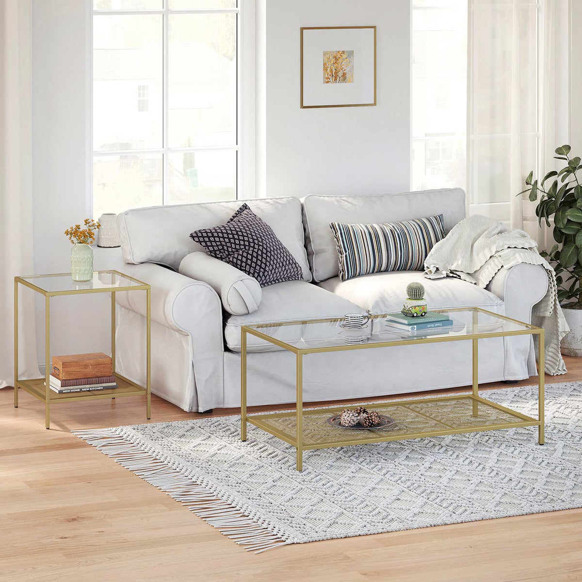 Coffee Table - Tempered Glass - Transparent and Gold - Stable Steel Frame with Mesh Shelf