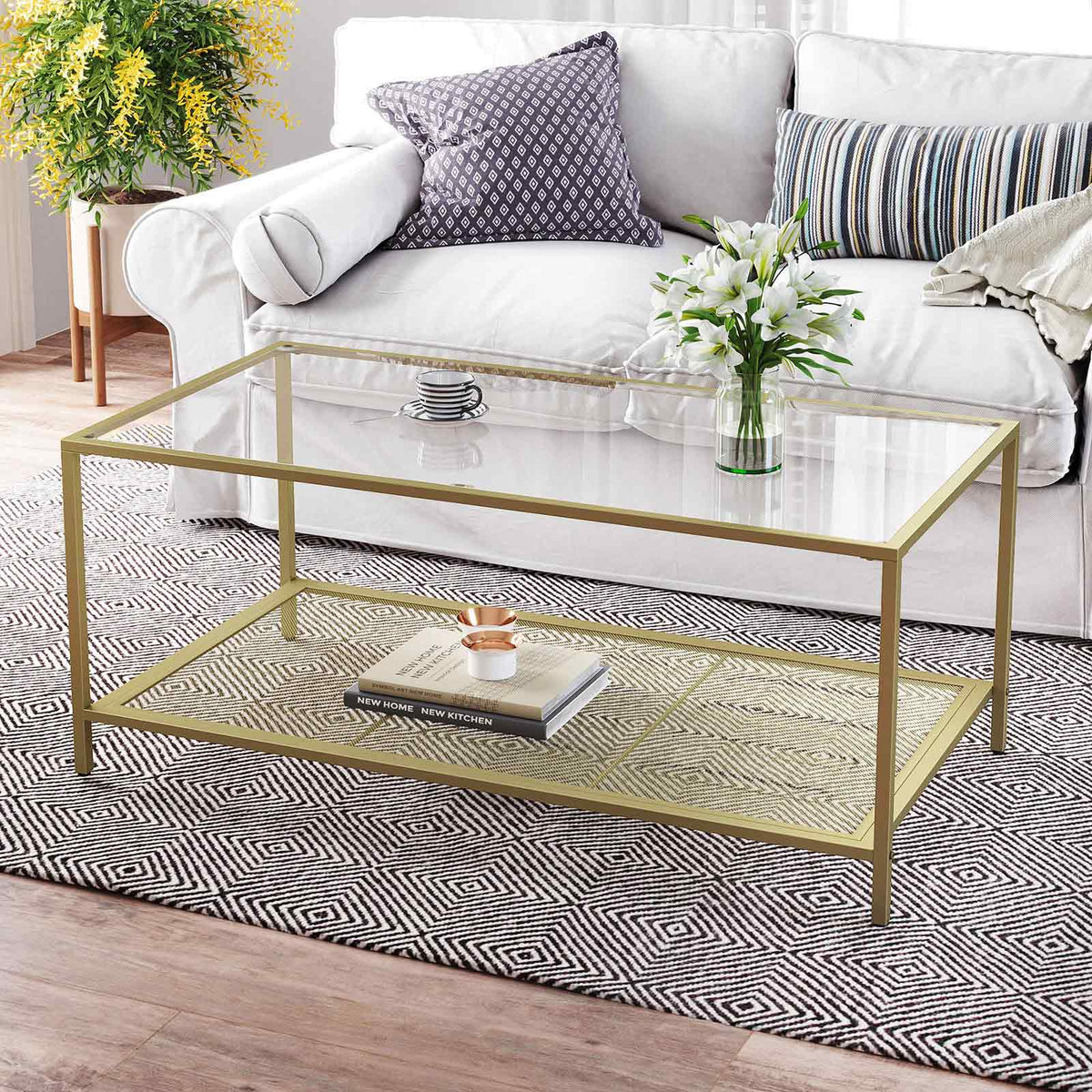 Coffee Table - Tempered Glass - Transparent and Gold - Stable Steel Frame with Mesh Shelf