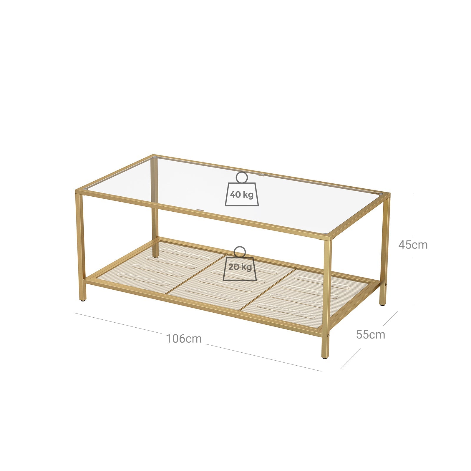 Coffee Table - Tempered Glass - Transparent and Gold - Stable Steel Frame with Mesh Shelf