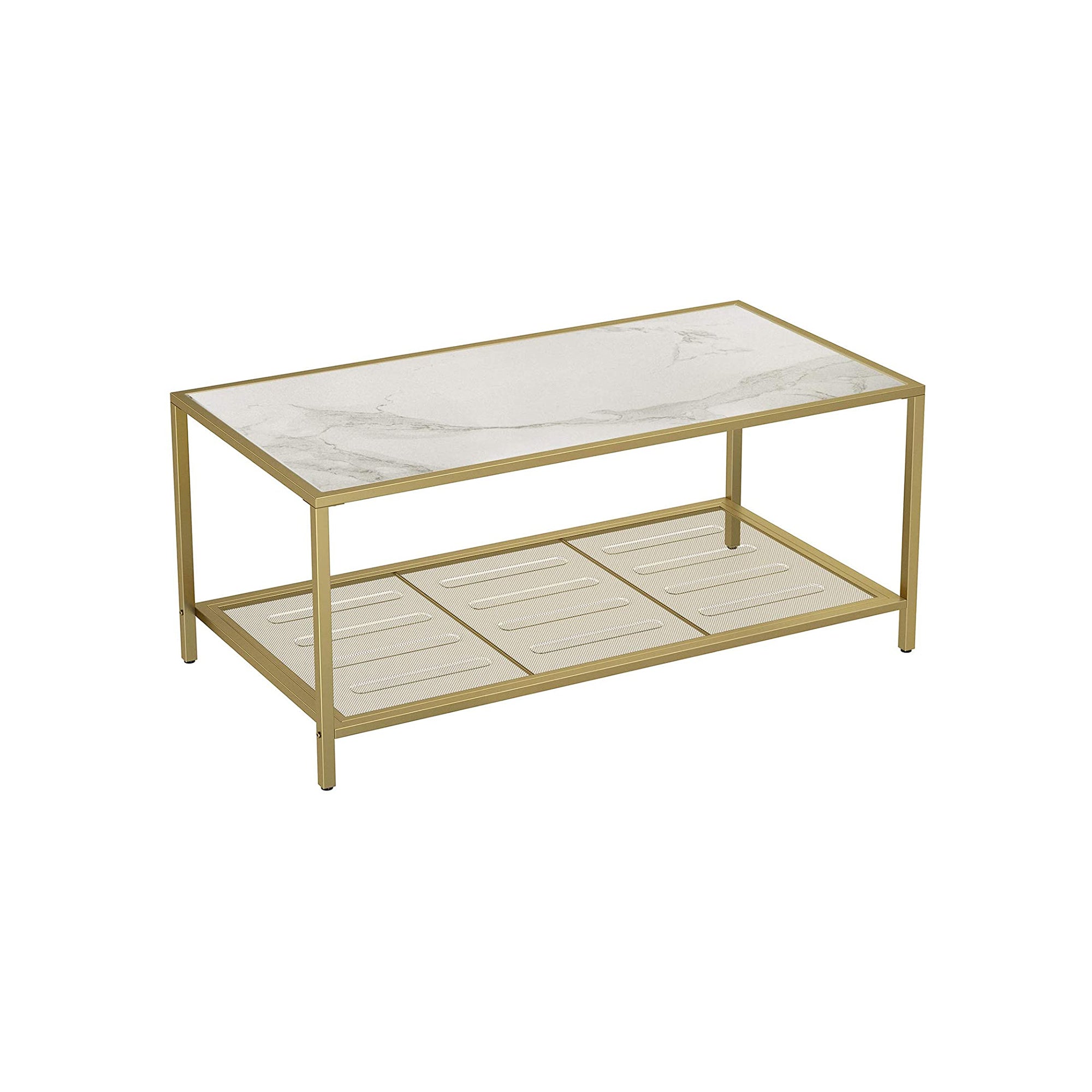 Coffee Table - Tempered Glass - Gold and Transparent - With Mesh Shelf and Stable Steel Frame