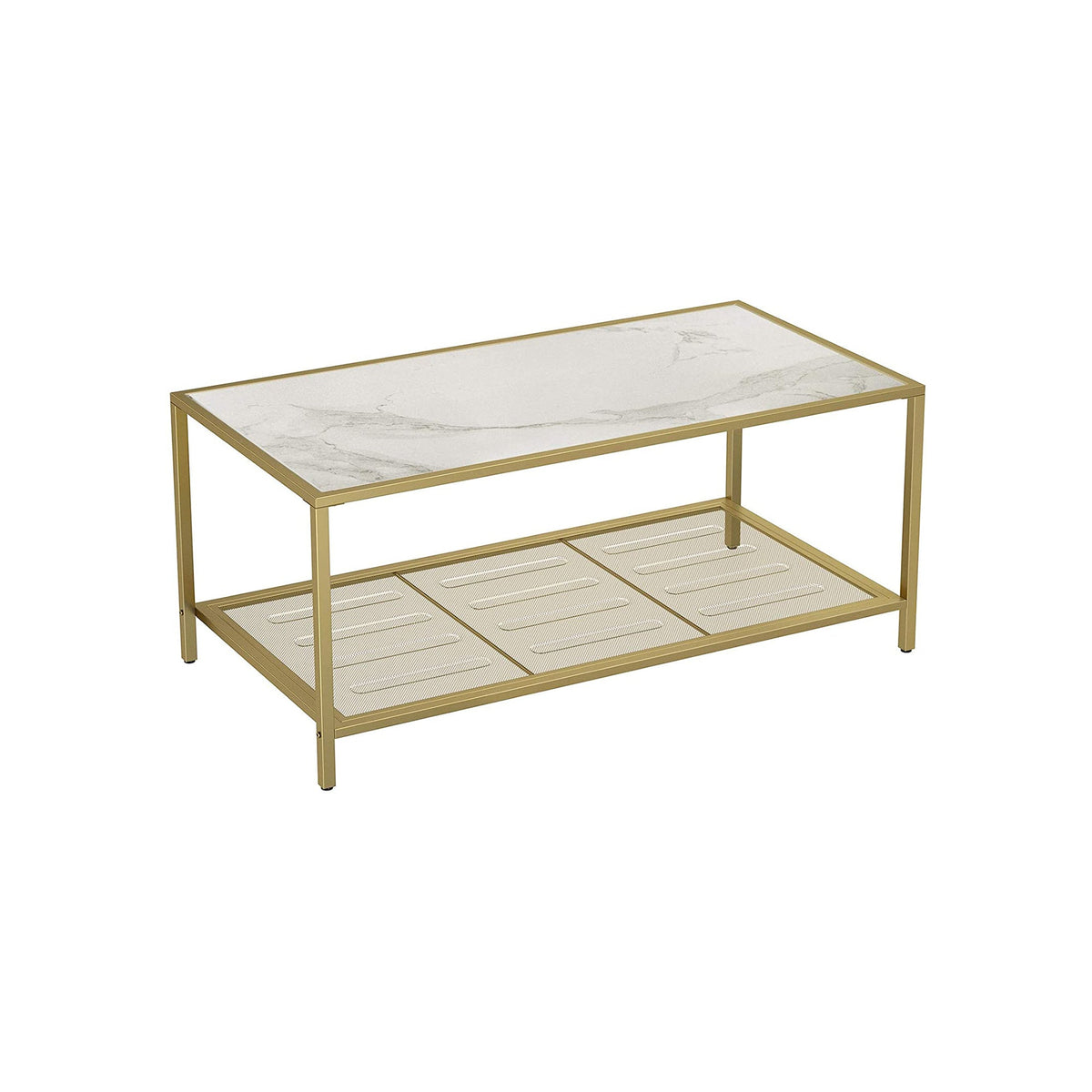 Coffee Table - Tempered Glass - Gold and Transparent - With Mesh Shelf and Stable Steel Frame