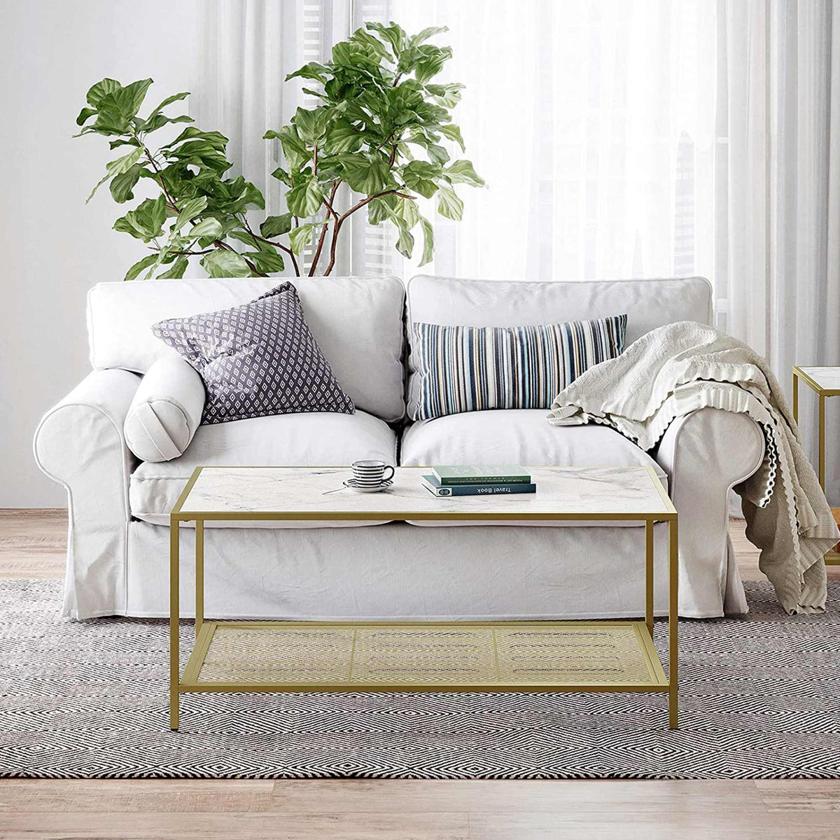 Coffee Table - Tempered Glass - Gold and Transparent - With Mesh Shelf and Stable Steel Frame