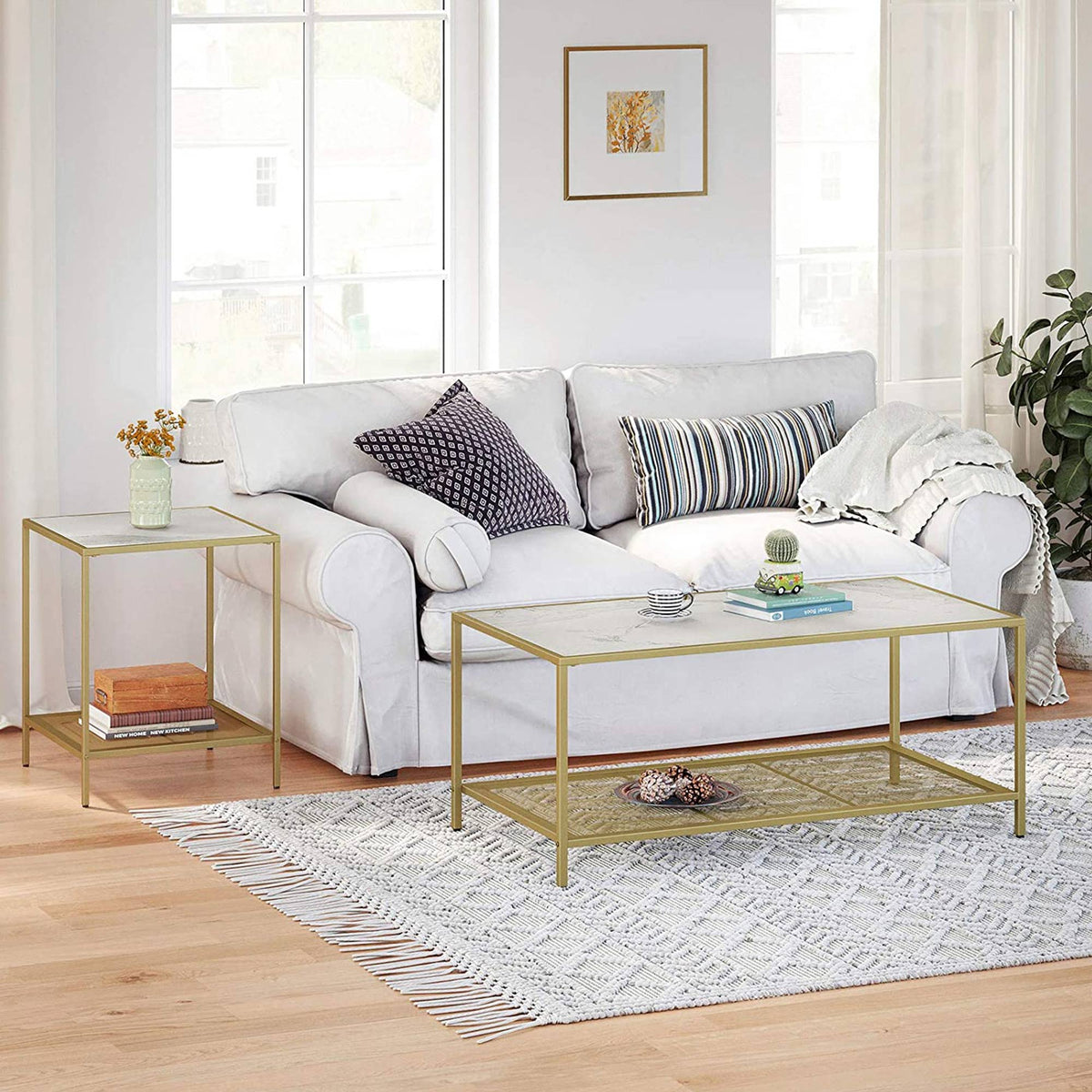 Coffee Table - Tempered Glass - Gold and Transparent - With Mesh Shelf and Stable Steel Frame