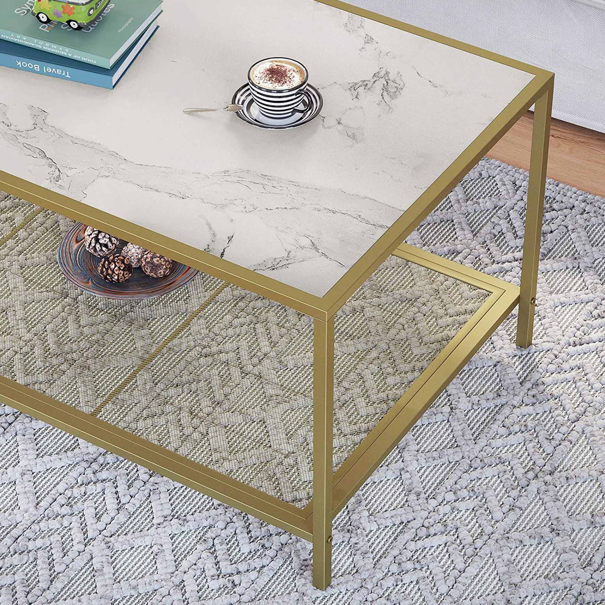 Coffee Table - Tempered Glass - Gold and Transparent - With Mesh Shelf and Stable Steel Frame