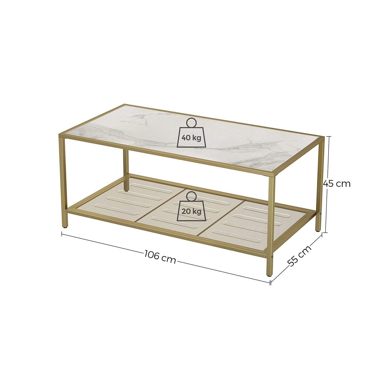 Coffee Table - Tempered Glass - Gold and Transparent - With Mesh Shelf and Stable Steel Frame