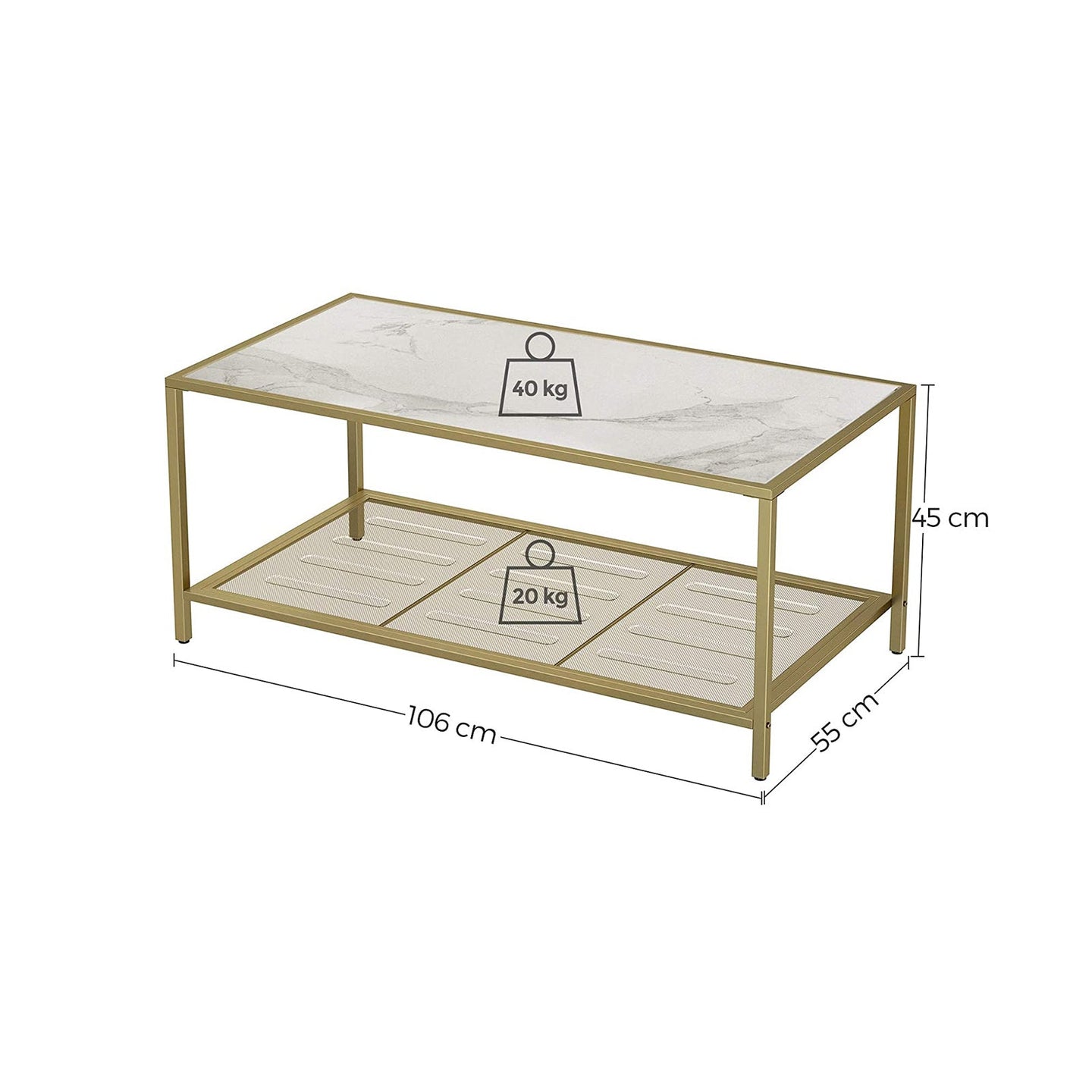 Coffee Table - Tempered Glass - Gold and Transparent - With Mesh Shelf and Stable Steel Frame