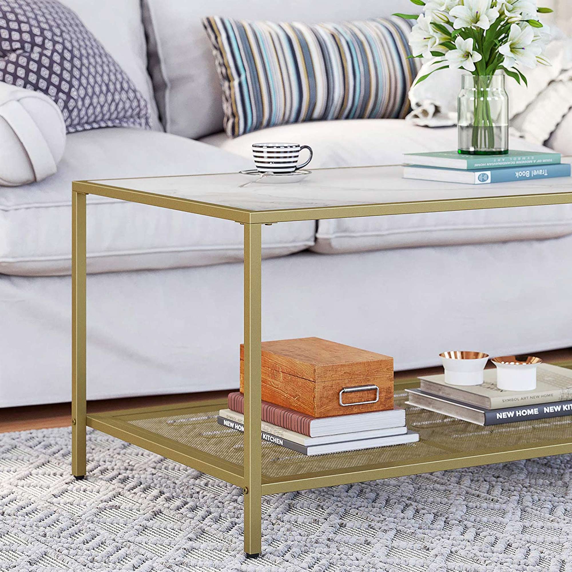 Coffee Table - Tempered Glass - Gold and Transparent - With Mesh Shelf and Stable Steel Frame