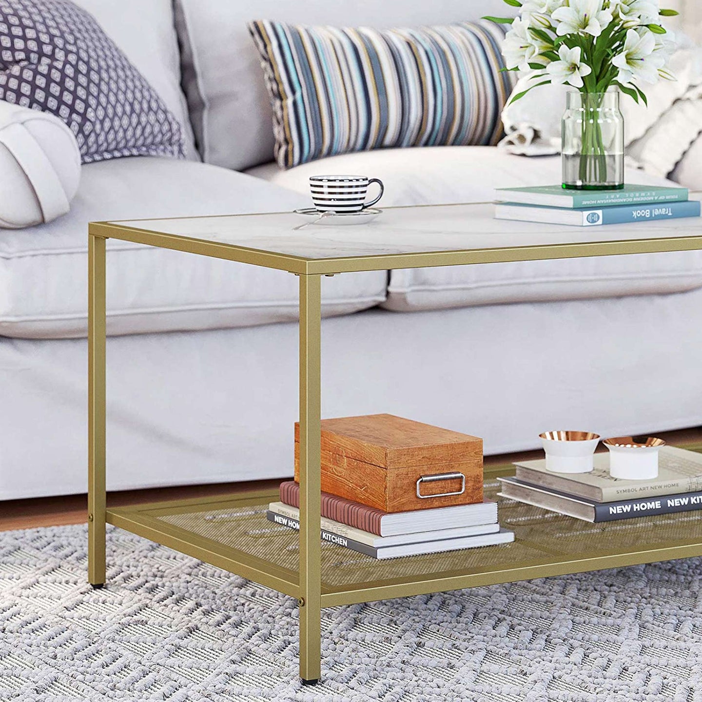 Coffee Table - Tempered Glass - Gold and Transparent - With Mesh Shelf and Stable Steel Frame