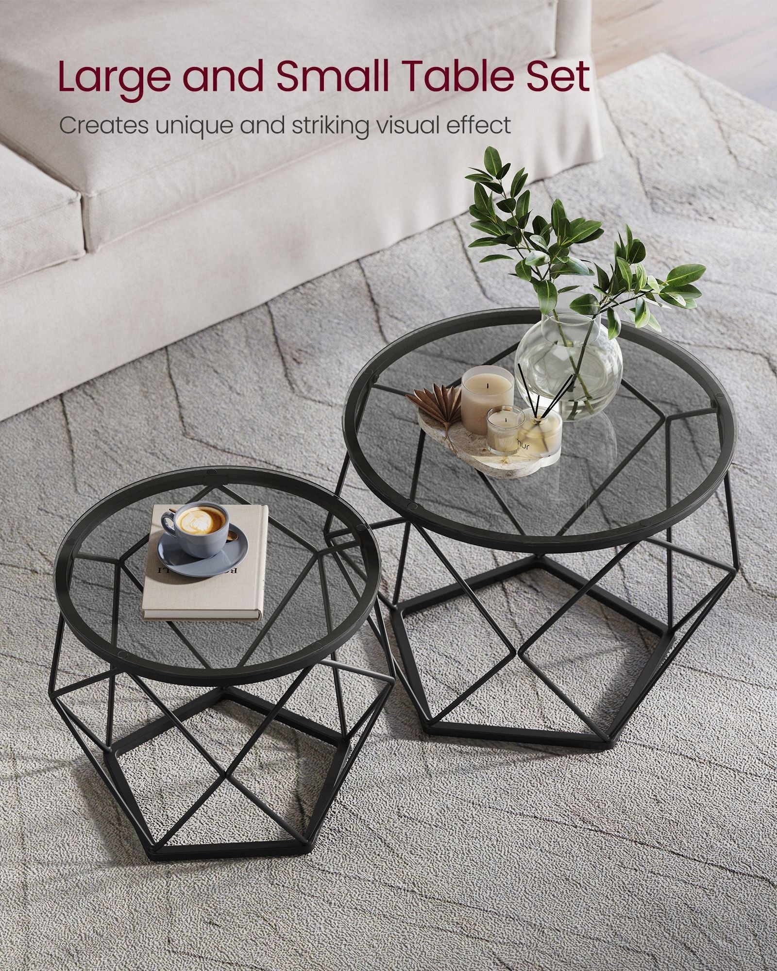 Set of 2 Round Coffee Tables - Steel - Slate Grey and Ink Black